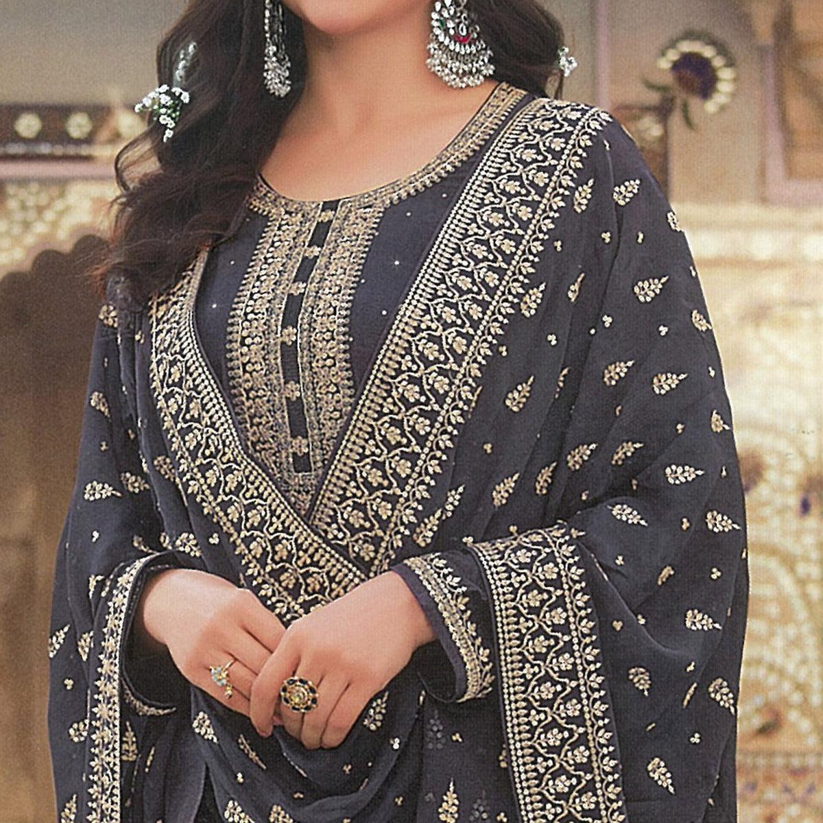 Grey Embroidered With Swarovski Work Dola Silk Salwar Suit - Peachmode