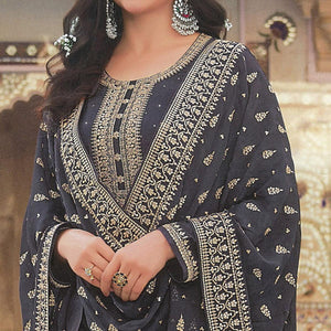 Grey Embroidered With Swarovski Work Dola Silk Salwar Suit - Peachmode