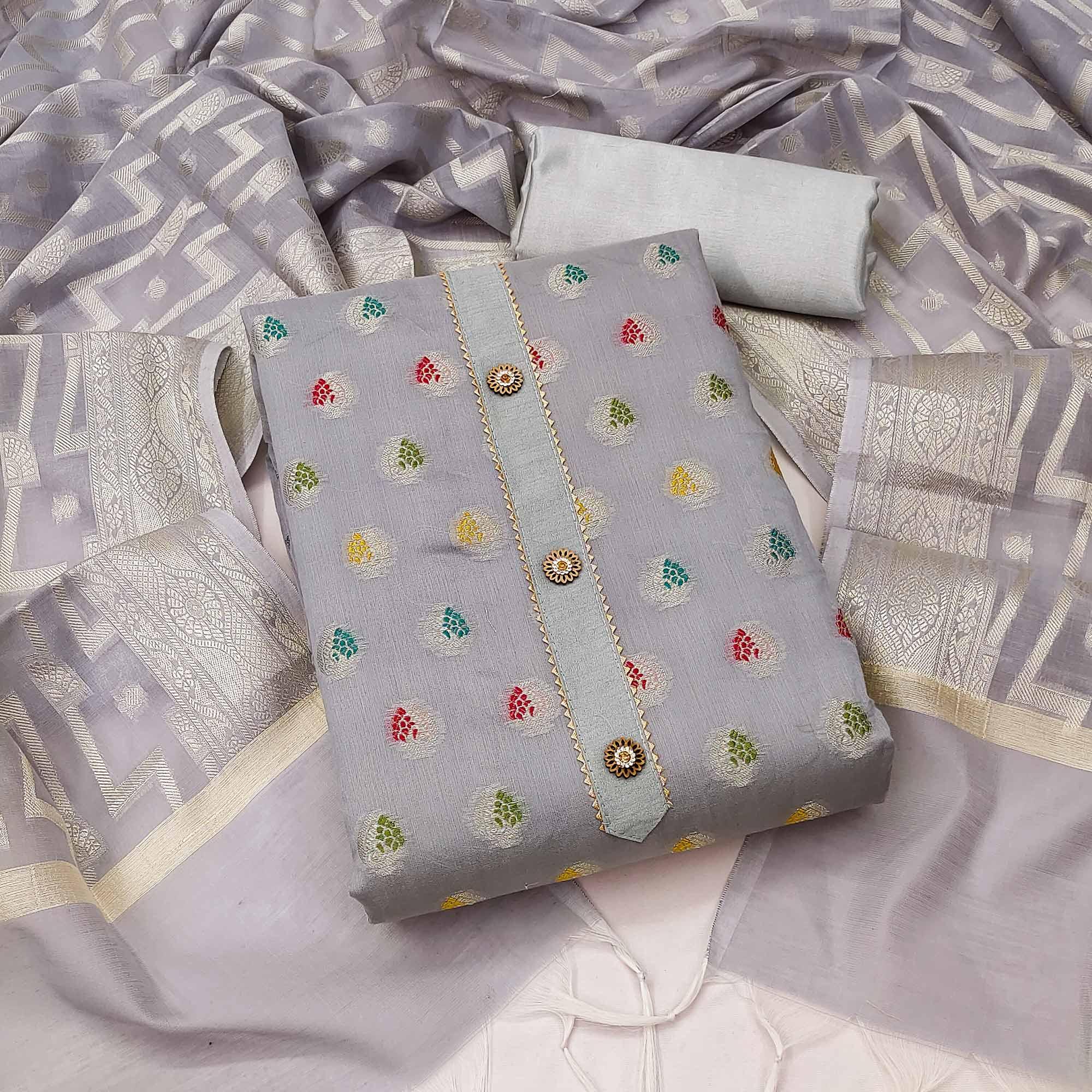 Grey Embroidered With Woven Banarasi Silk Dress Material - Peachmode