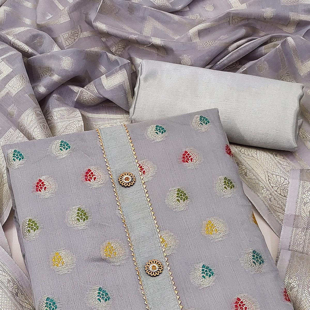 Grey Embroidered With Woven Banarasi Silk Dress Material - Peachmode
