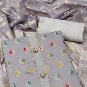 Grey Embroidered With Woven Banarasi Silk Dress Material - Peachmode