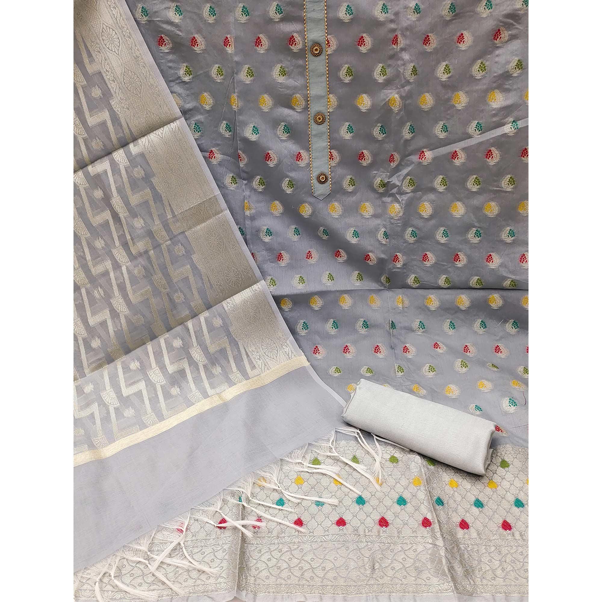 Grey Embroidered With Woven Banarasi Silk Dress Material - Peachmode