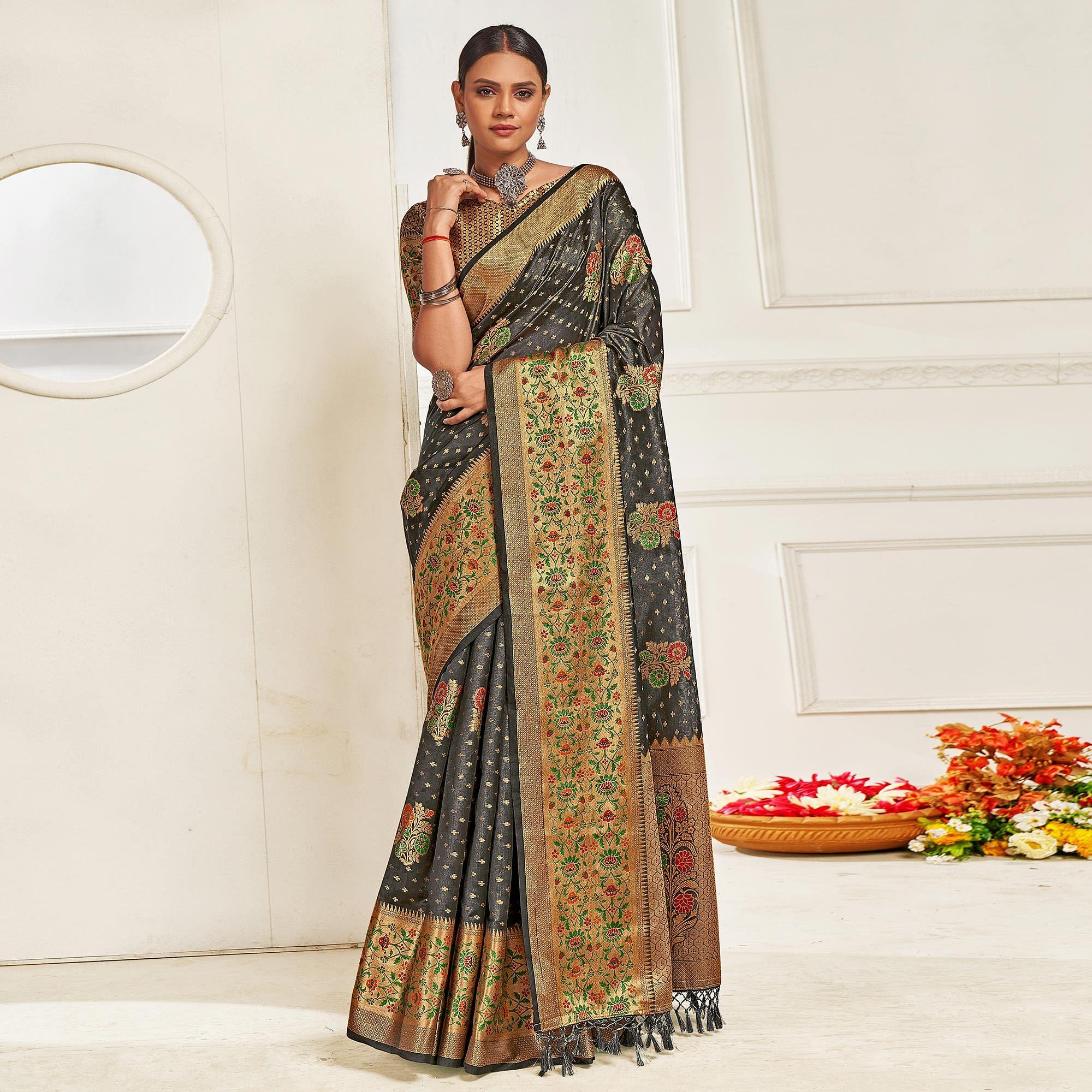Grey Festive Wear Banarasi Woven Organza Saree - Peachmode