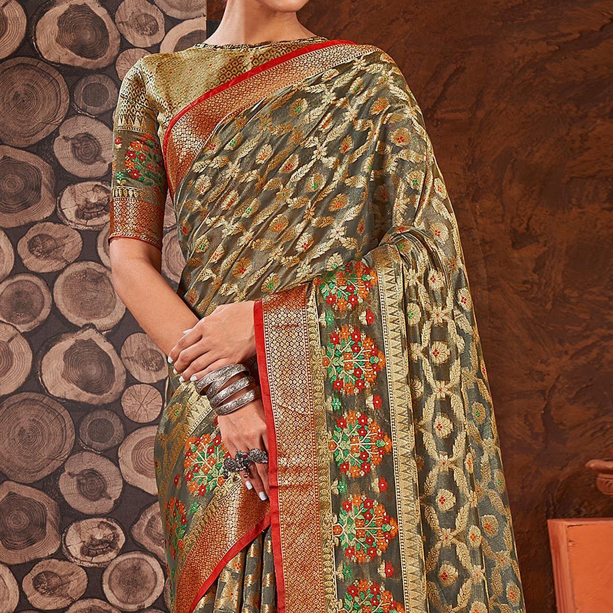 Grey Festive Wear Banarasi Woven Organza Saree - Peachmode