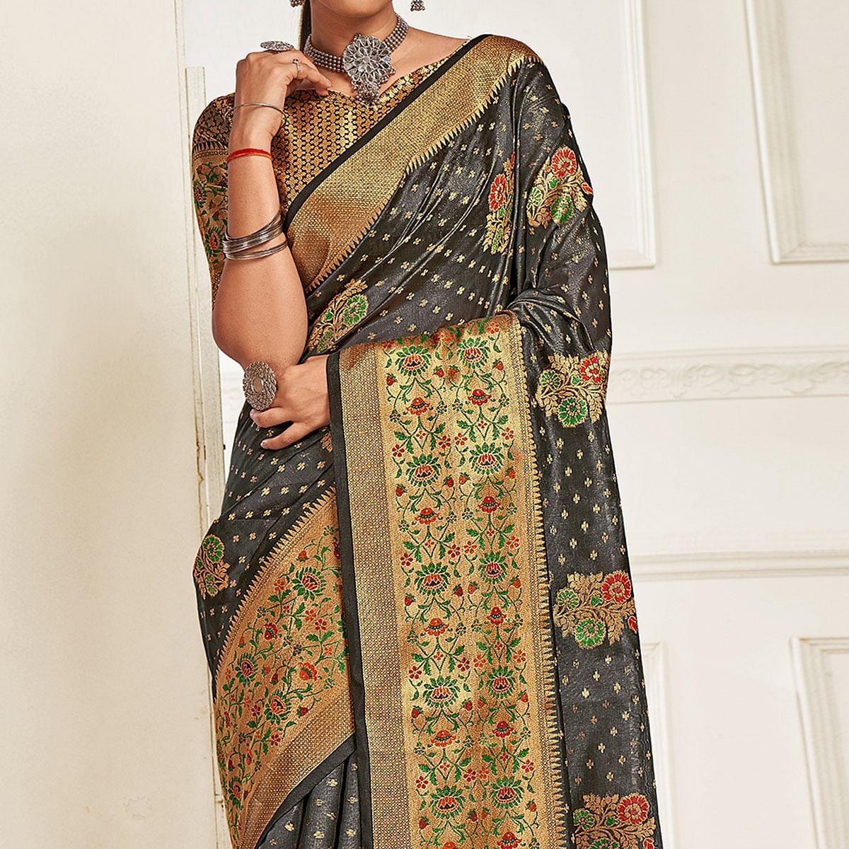 Grey Festive Wear Banarasi Woven Organza Saree - Peachmode