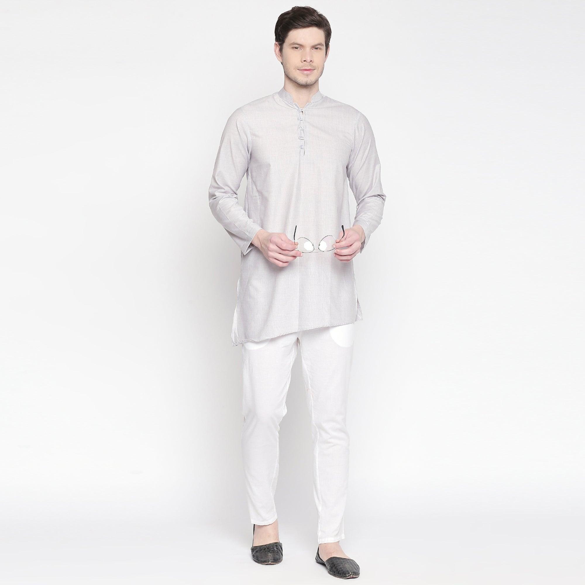 Grey Festive Wear Cotton Short Kurta with Asymmetric Hem - Peachmode