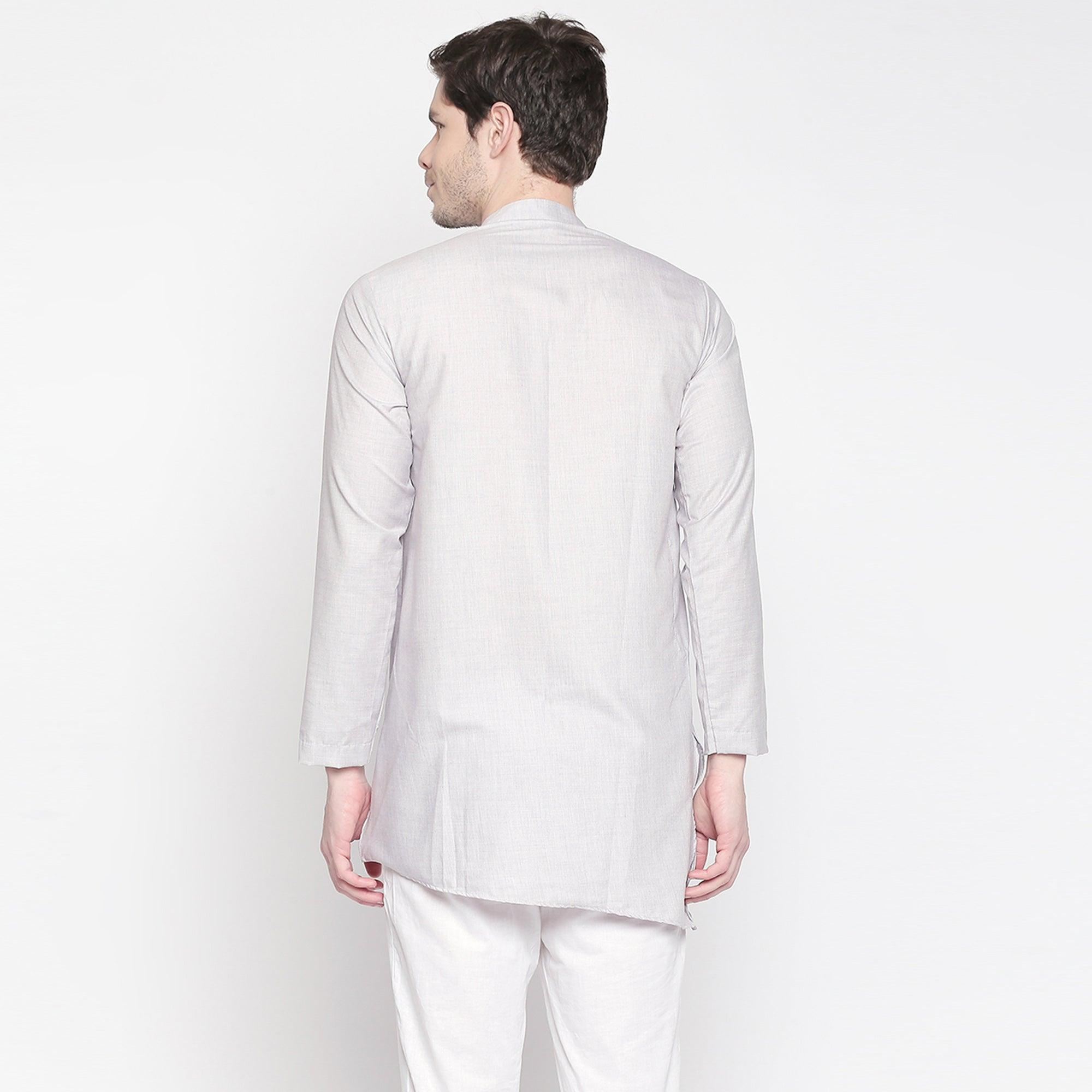 Grey Festive Wear Cotton Short Kurta with Asymmetric Hem - Peachmode
