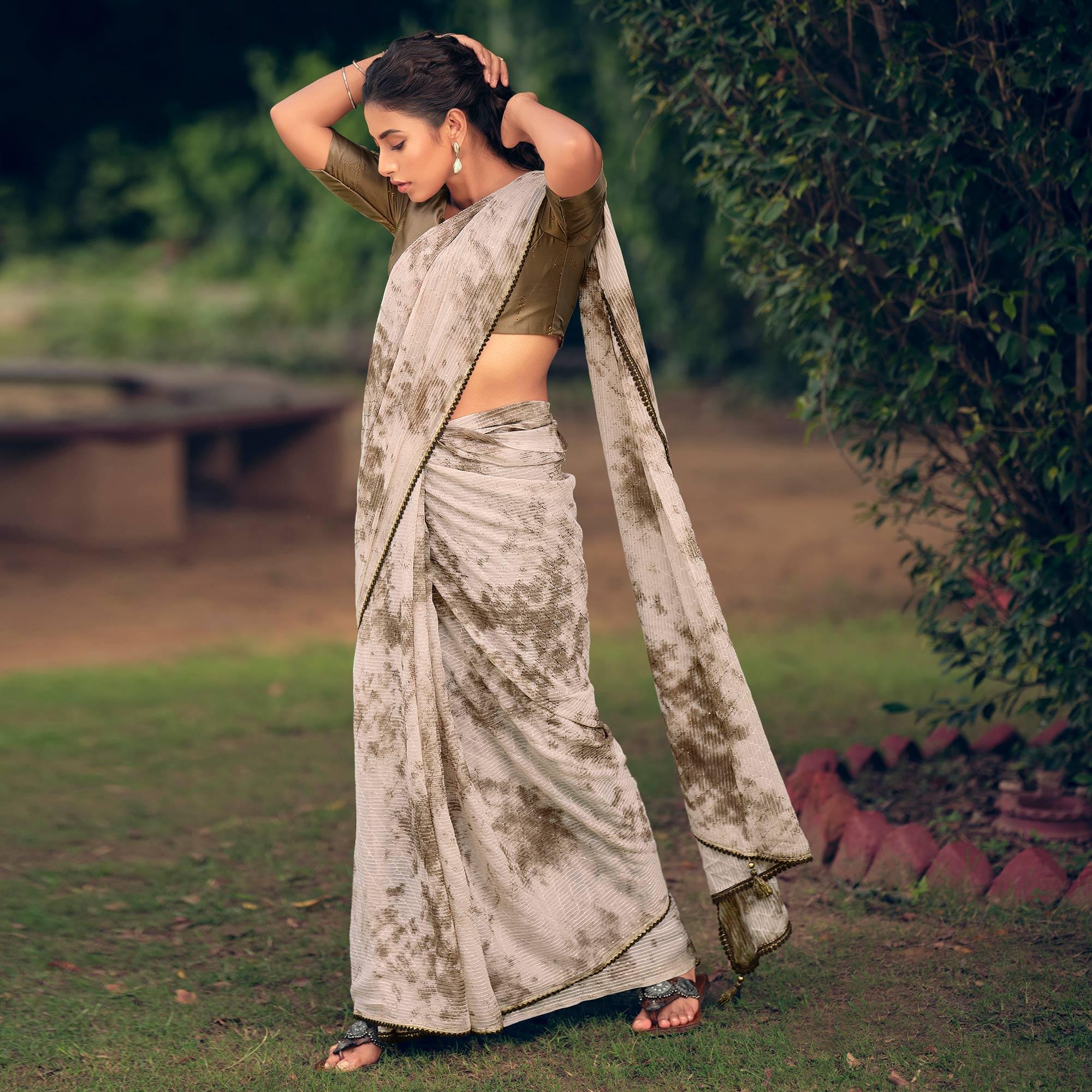 Grey Festive Wear Crochet Work Georgette Saree - Peachmode