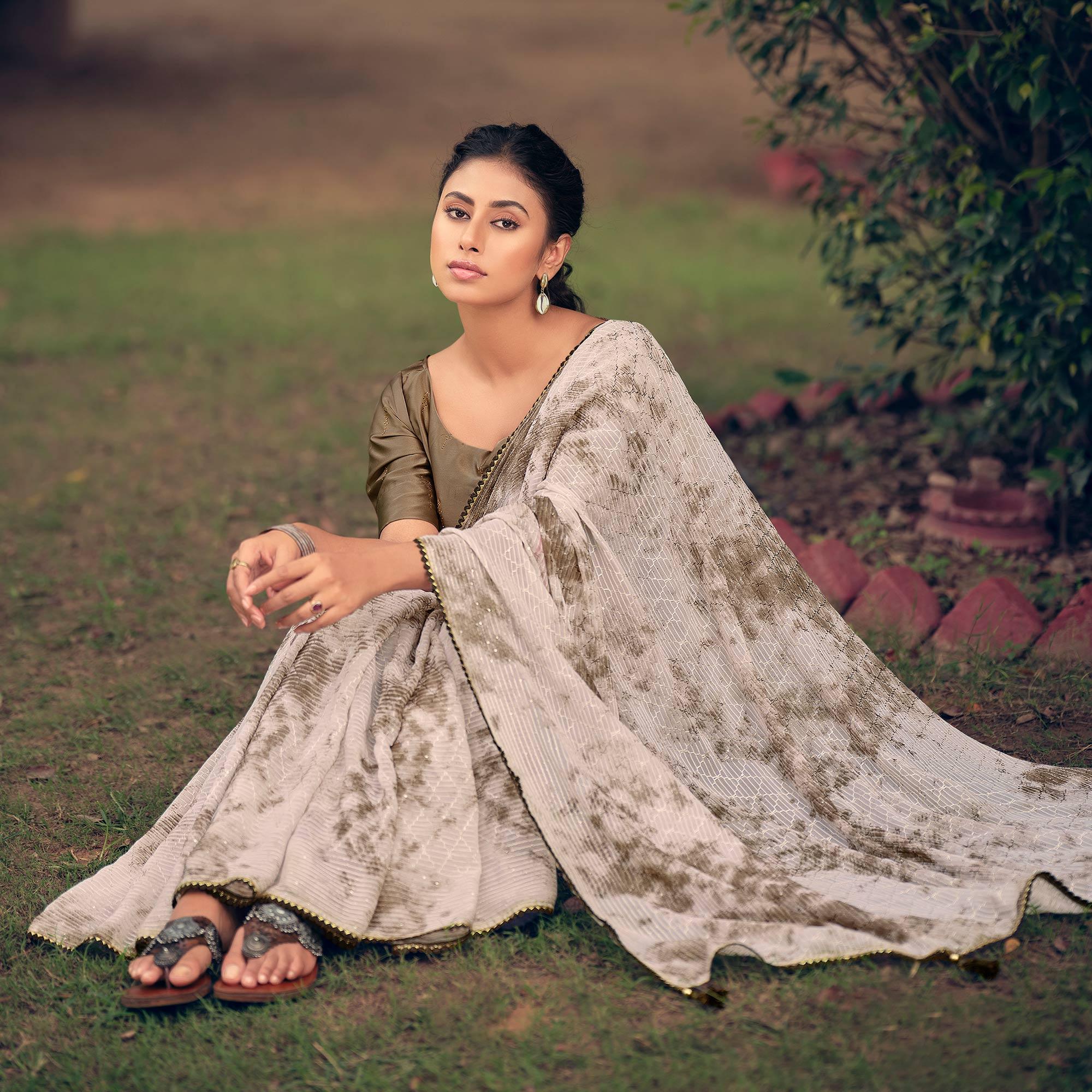 Grey Festive Wear Crochet Work Georgette Saree - Peachmode