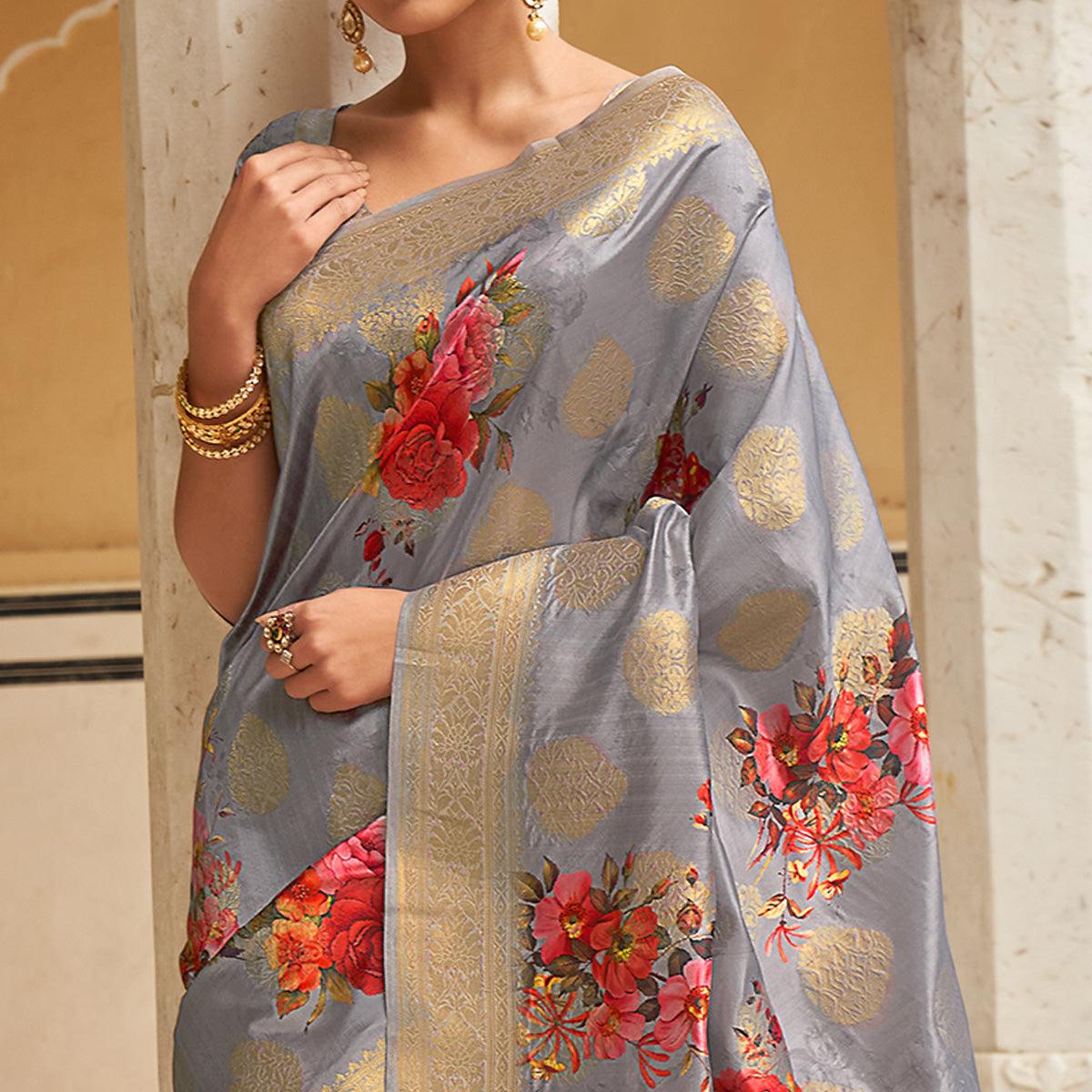 Grey Festive Wear Digital Printed Jacquard Silk Saree - Peachmode