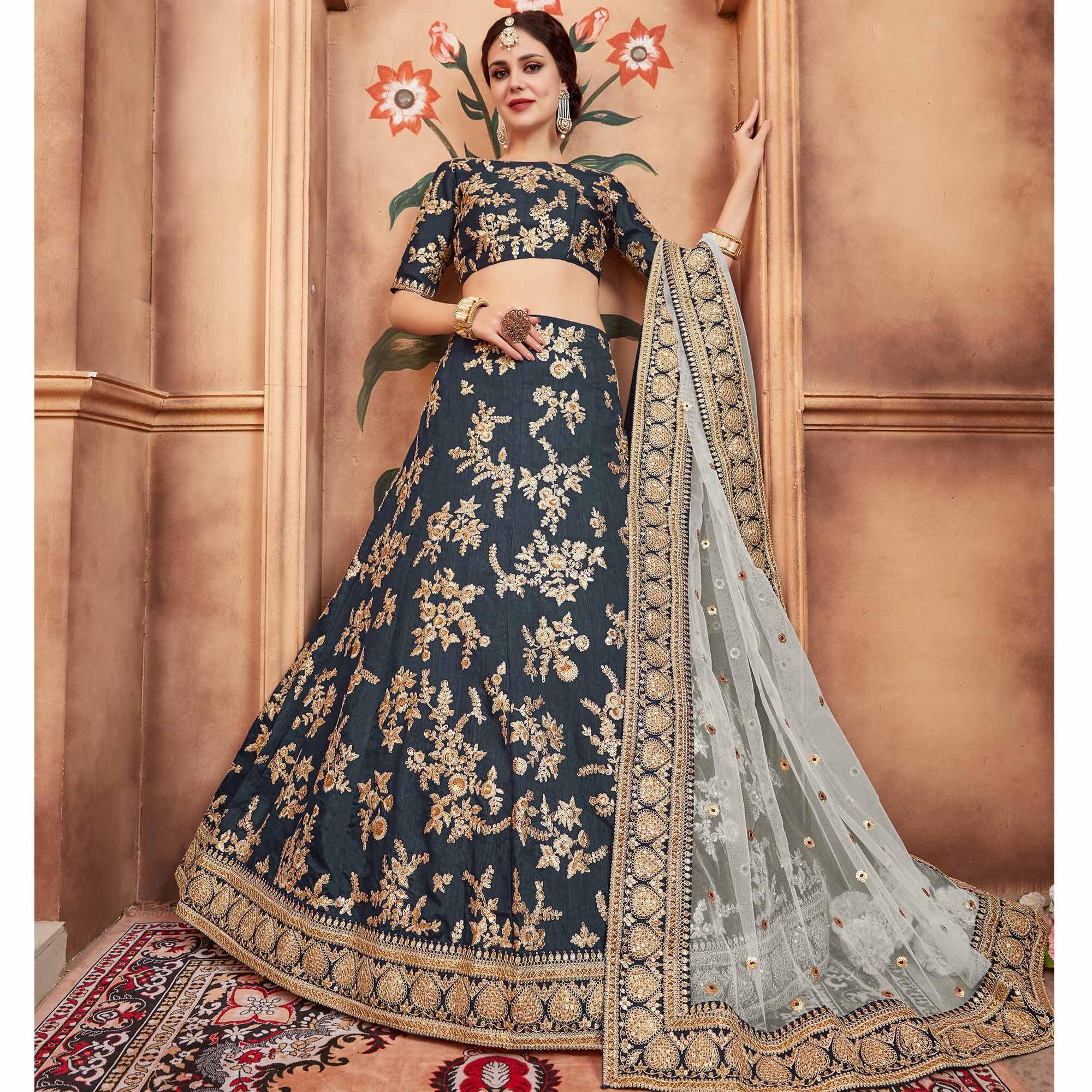 Grey Festive Wear Dori Sequence Work Art Silk Lehenga Choli - Peachmode