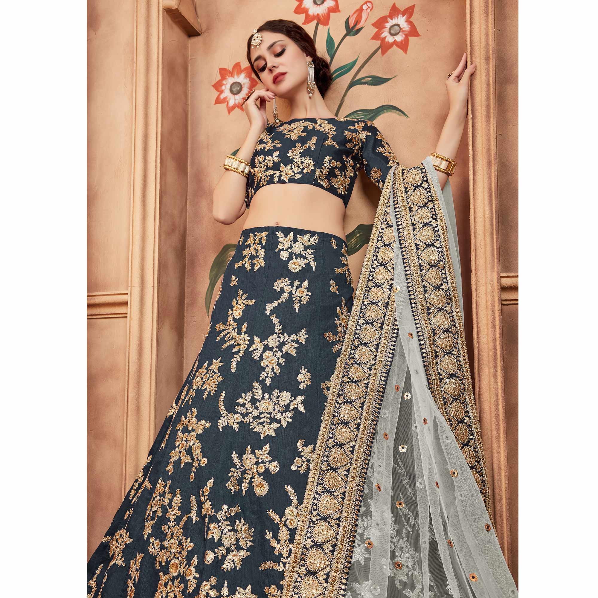 Grey Festive Wear Dori Sequence Work Art Silk Lehenga Choli - Peachmode
