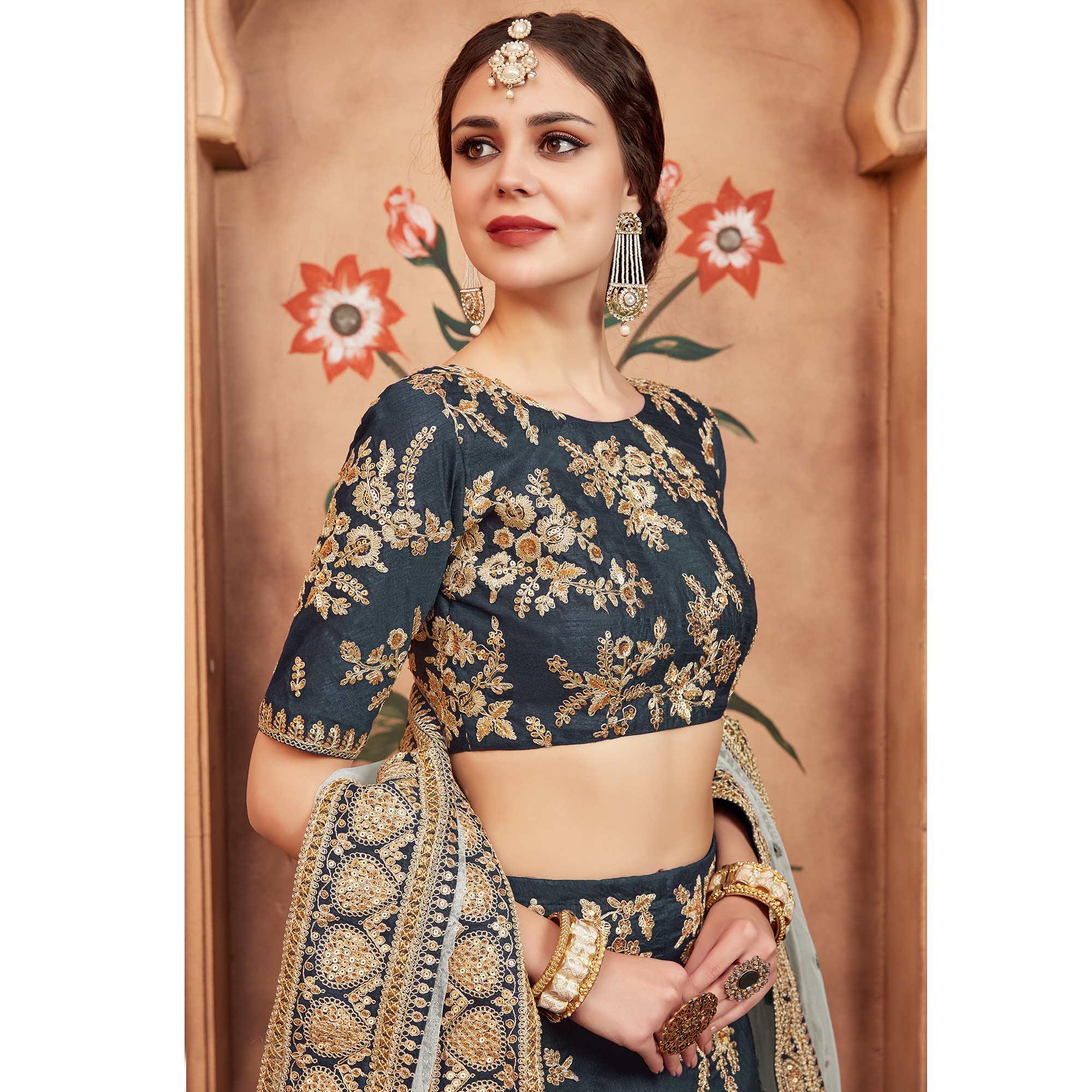 Grey Festive Wear Dori Sequence Work Art Silk Lehenga Choli - Peachmode