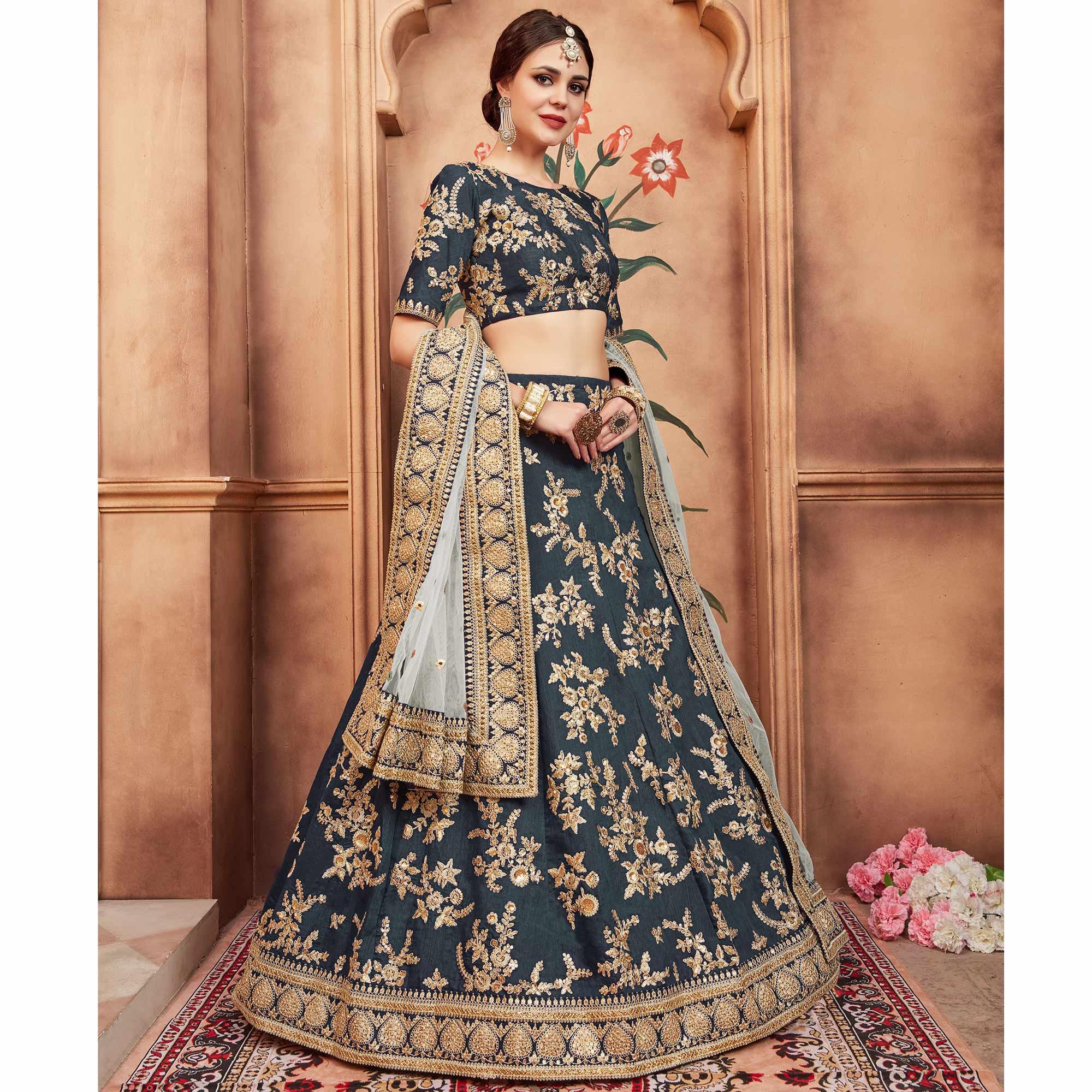 Grey Festive Wear Dori Sequence Work Art Silk Lehenga Choli - Peachmode