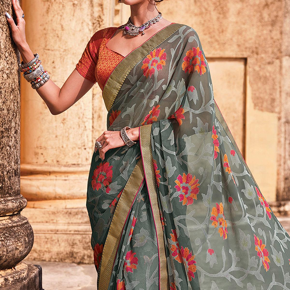 Grey Festive Wear Embellished Brasso Saree - Peachmode