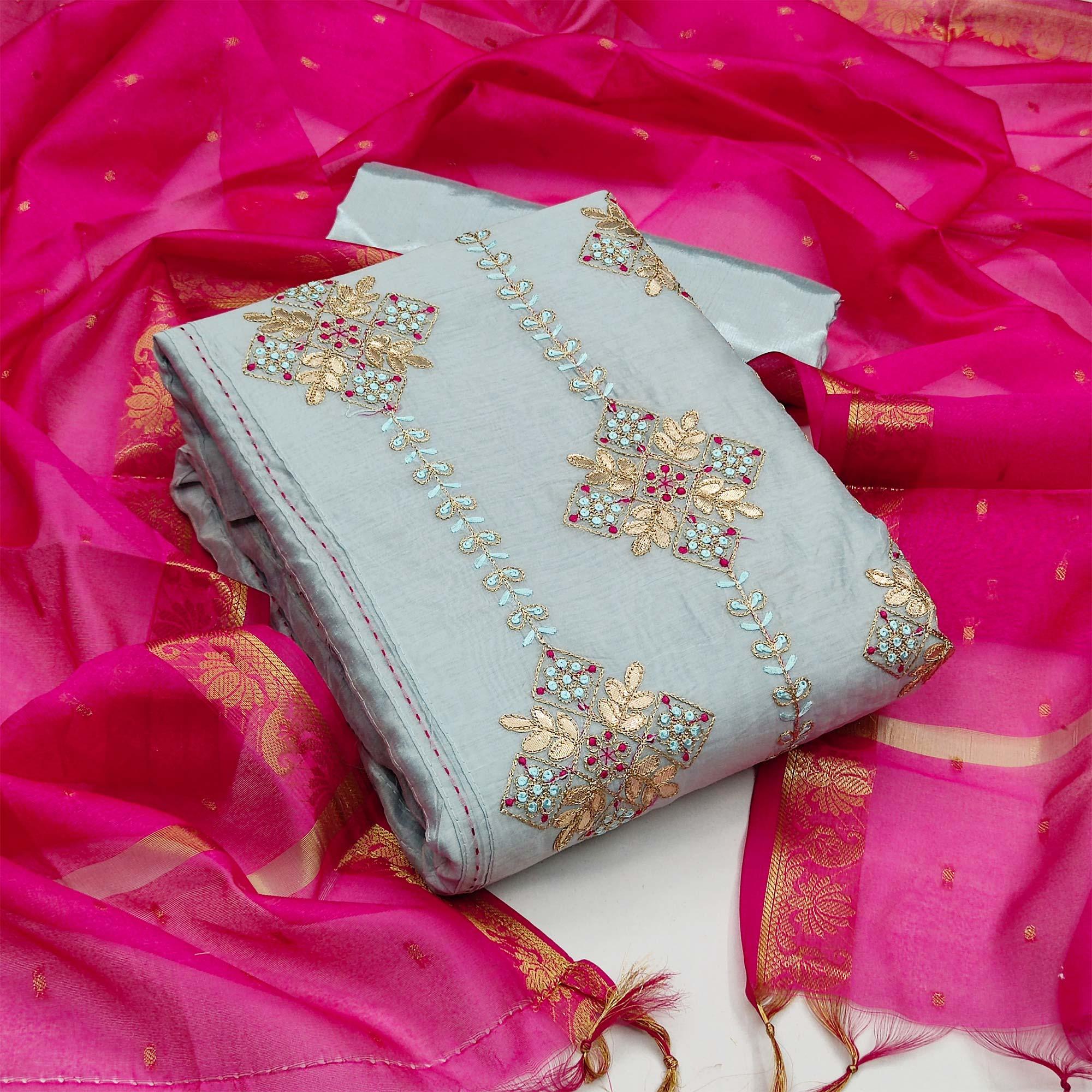 Grey Festive Wear Embroidered Chanderi Dress Material - Peachmode