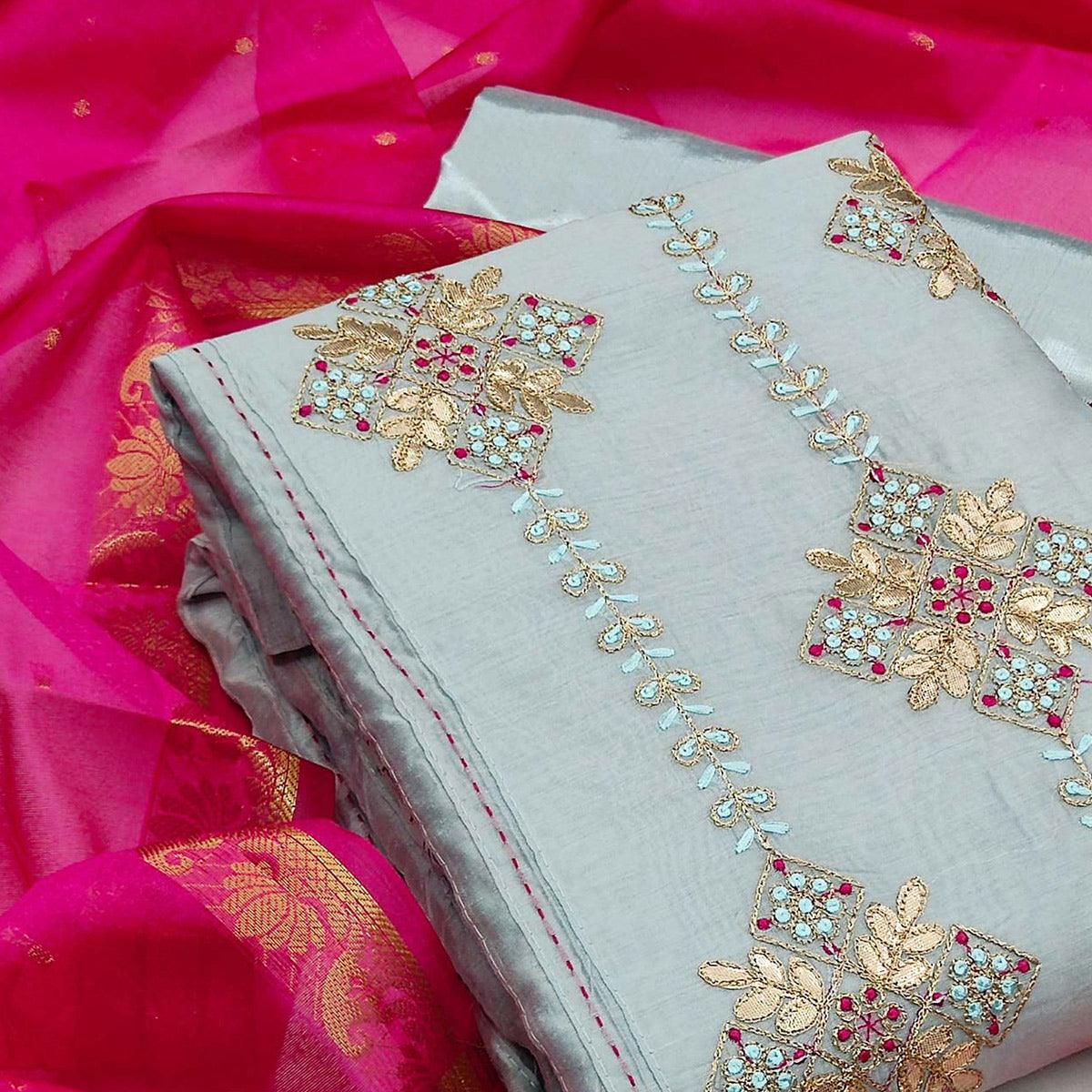 Grey Festive Wear Embroidered Chanderi Dress Material - Peachmode