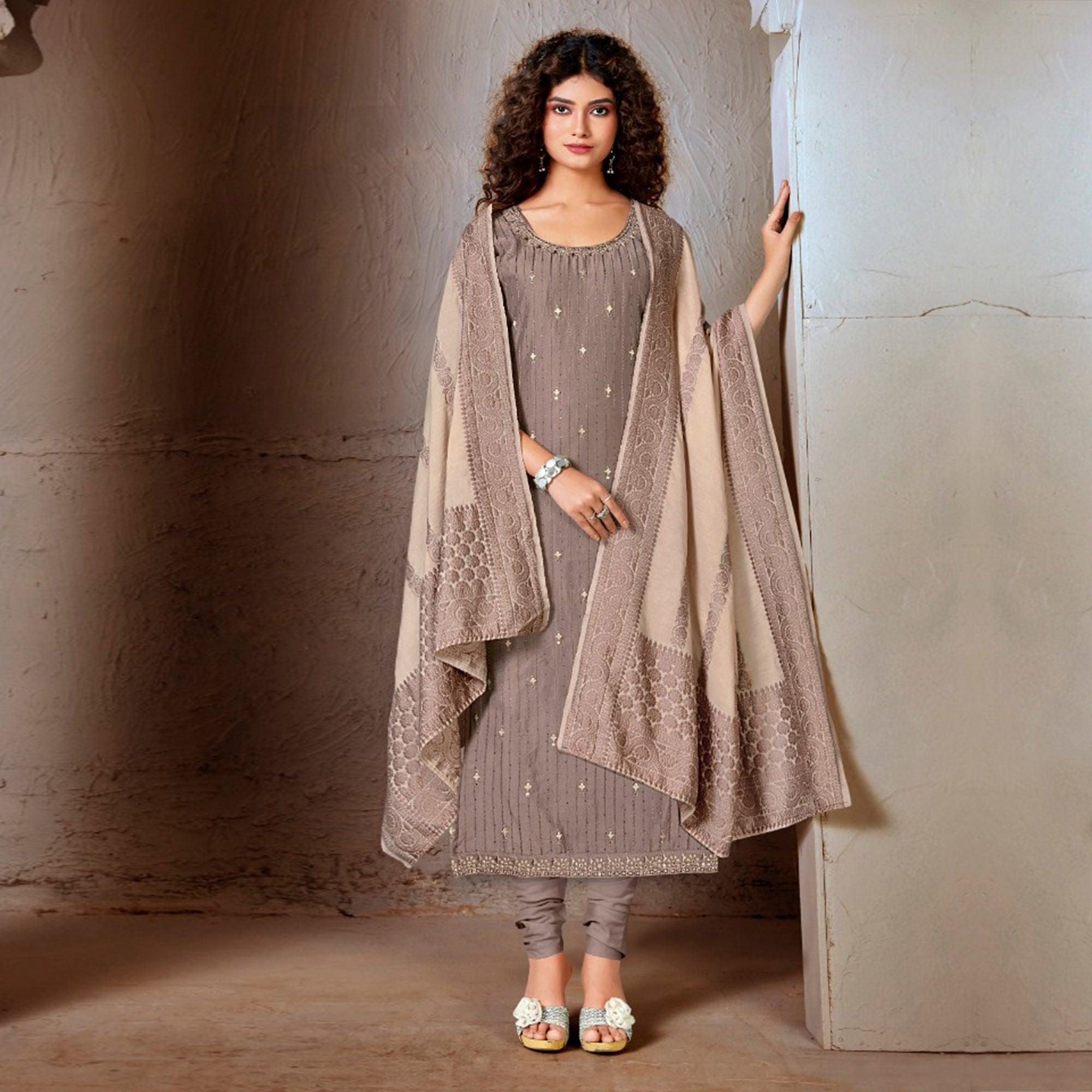 Grey Festive Wear Embroidered Chanderi Suit - Peachmode