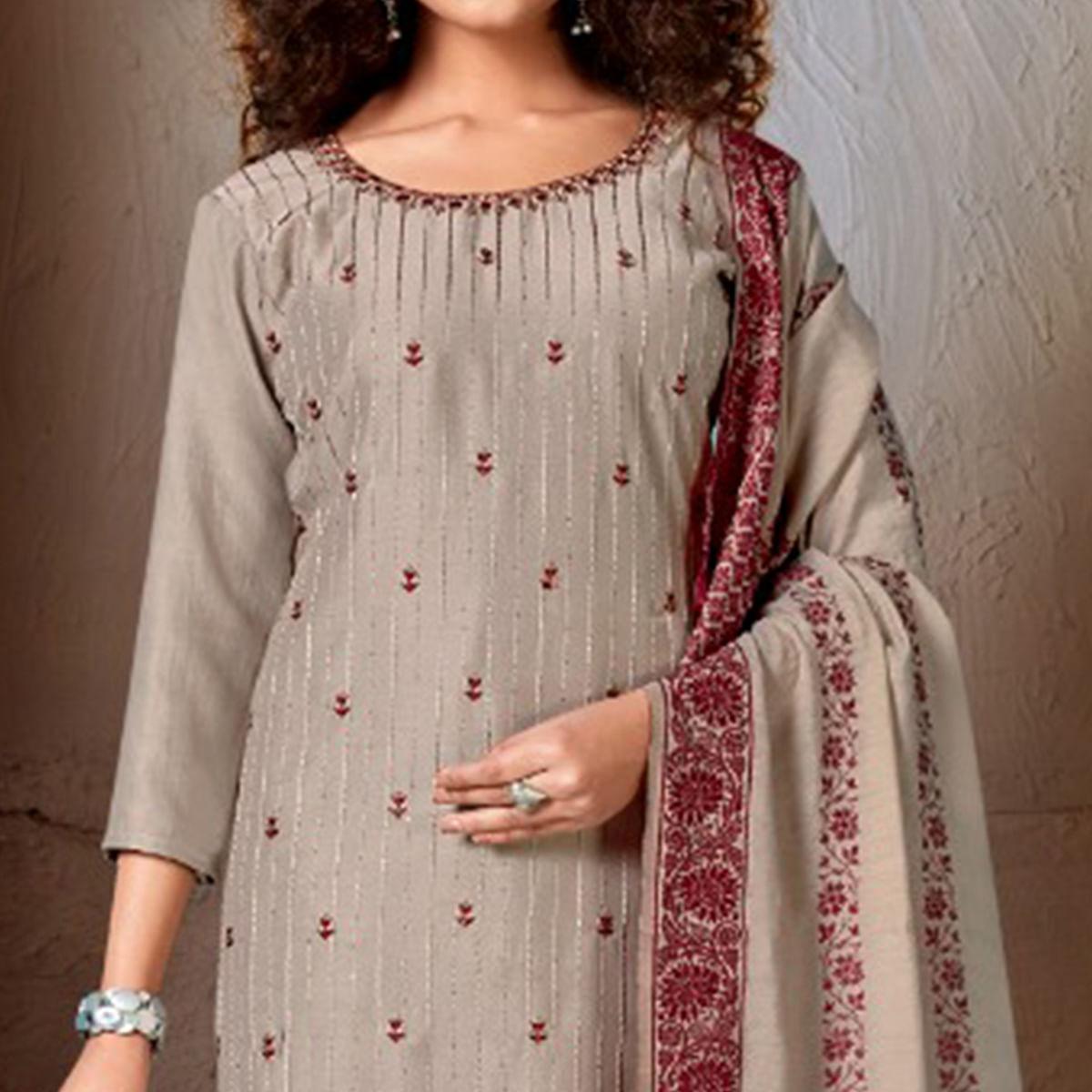 Grey Festive Wear Embroidered Chanderi Suit - Peachmode