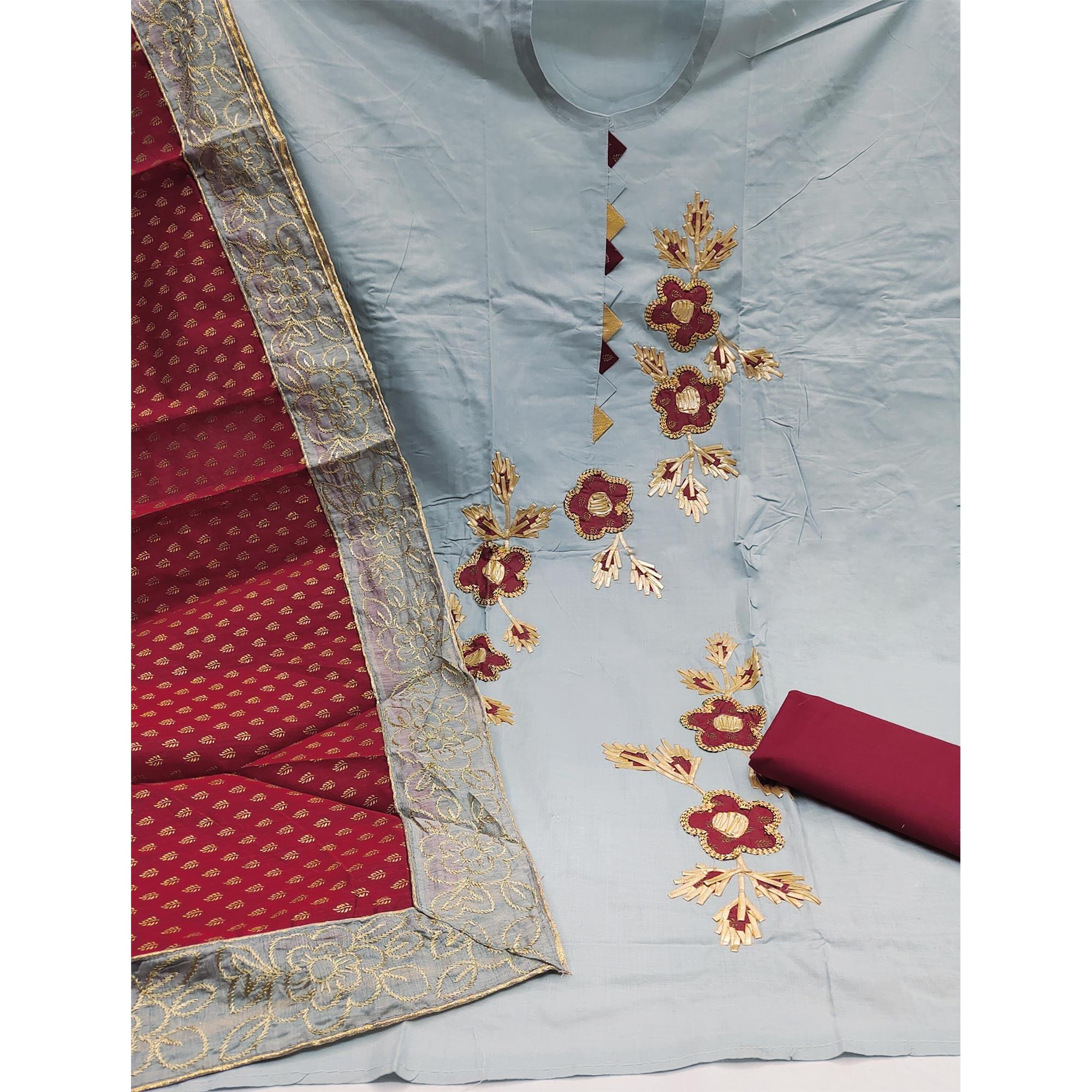Grey Festive Wear Embroidered Cotton Dress Material - Peachmode