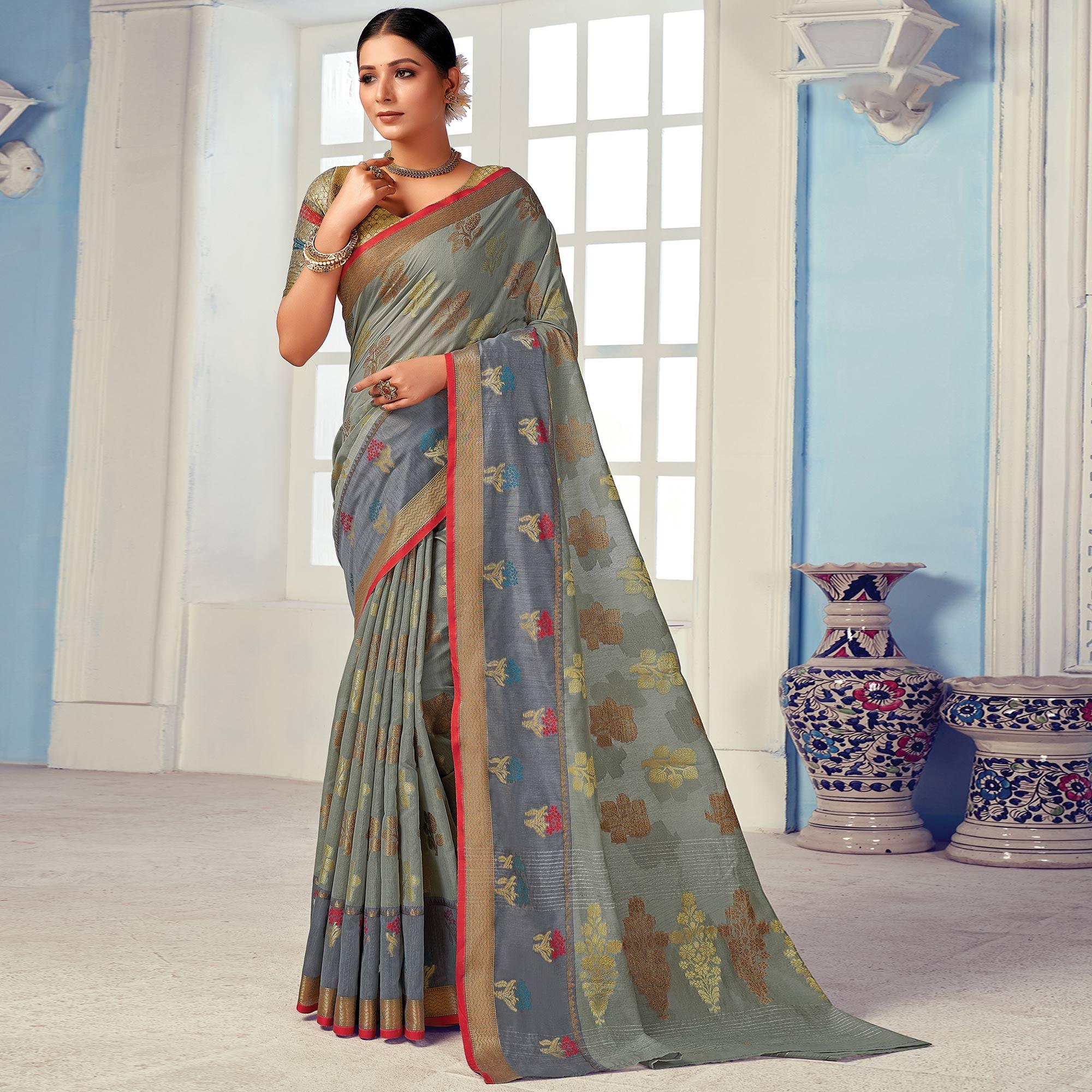 Grey Festive Wear Embroidered Cotton Handloom Saree - Peachmode