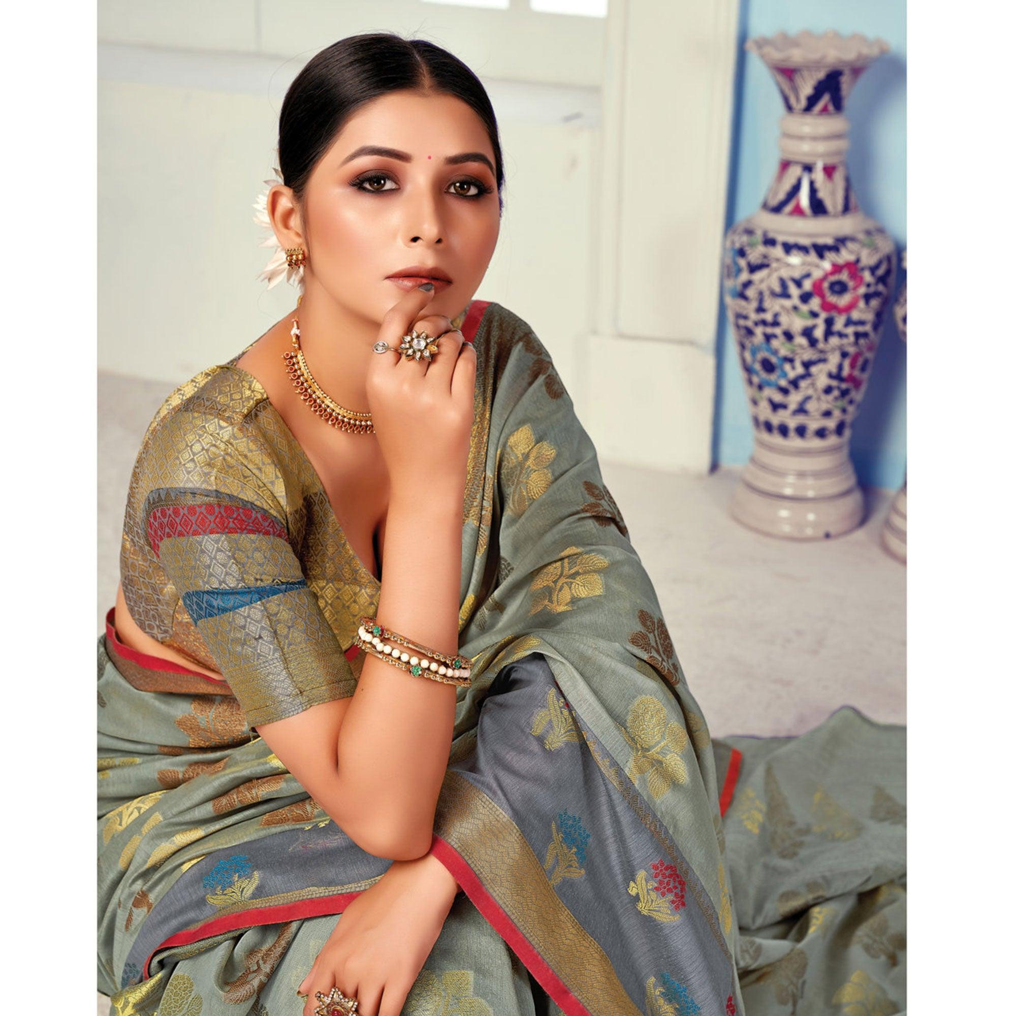 Grey Festive Wear Embroidered Cotton Handloom Saree - Peachmode