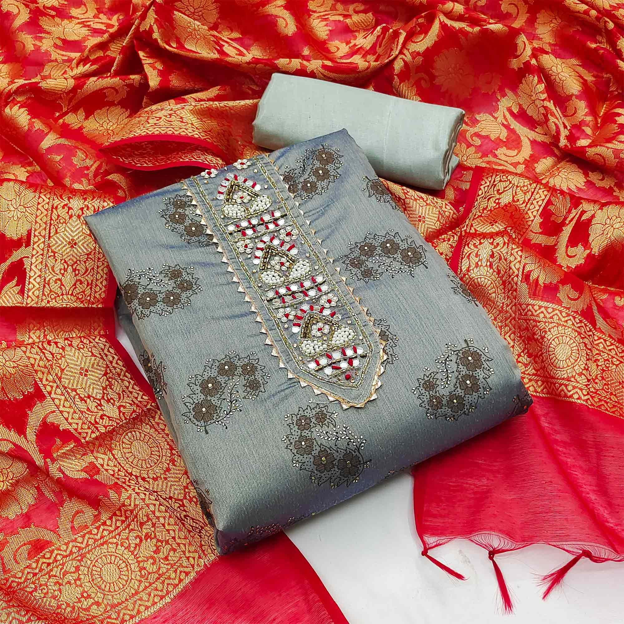 Grey Festive Wear Embroidered Floral Printed Chanderi Dress Material - Peachmode