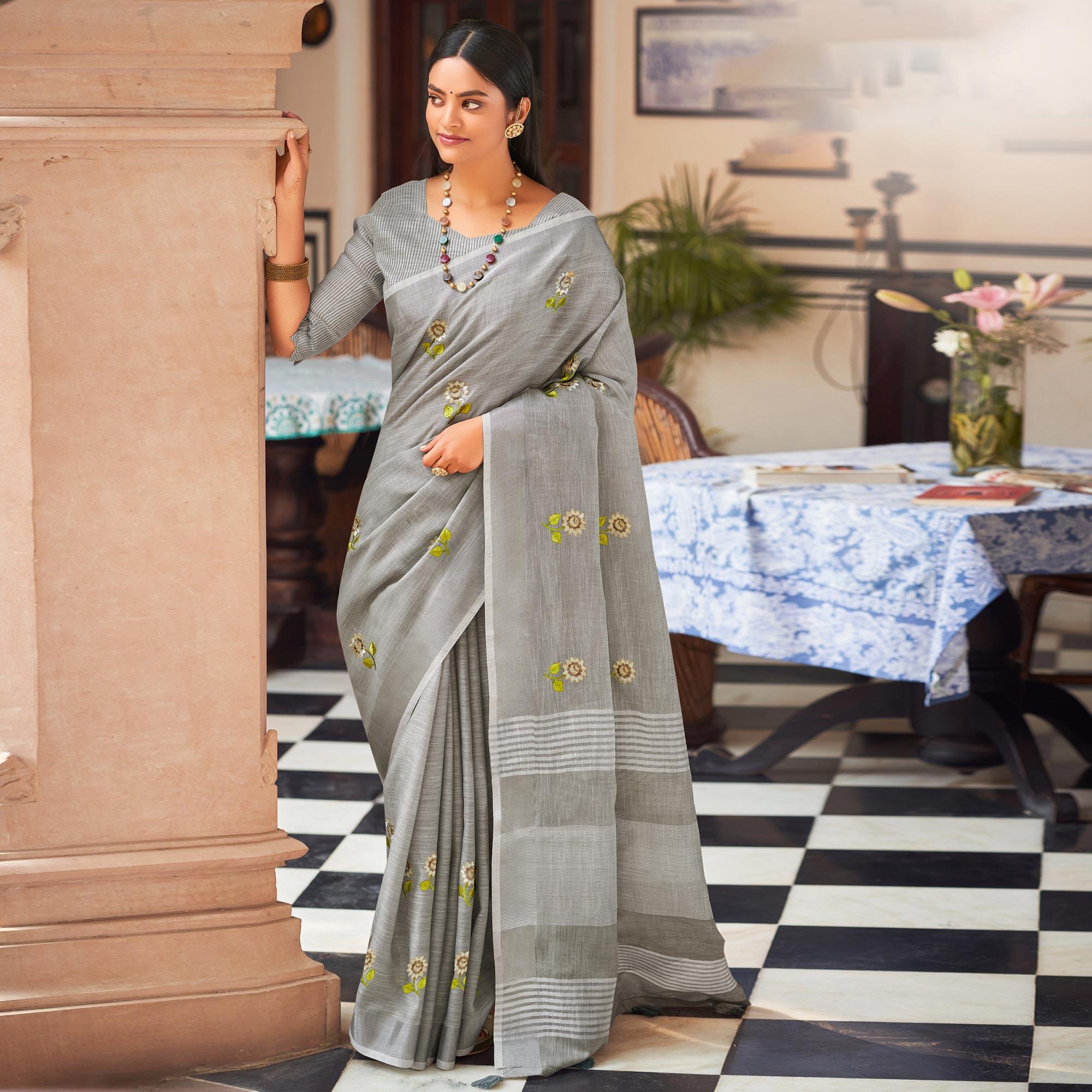 Grey Festive Wear Embroidered Linen Saree - Peachmode