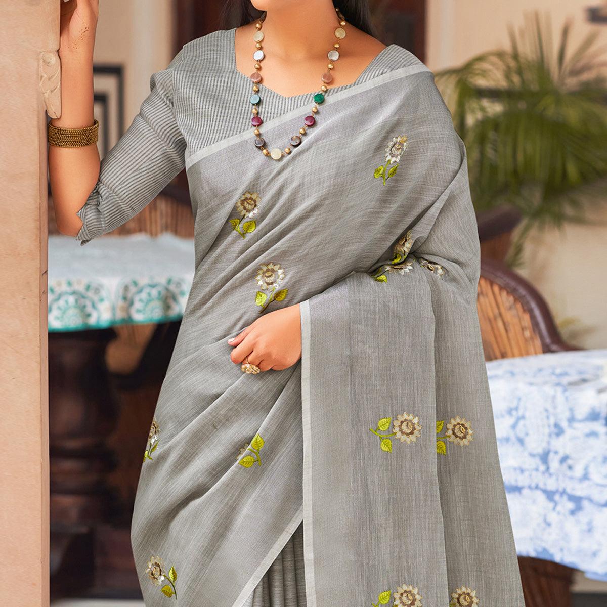 Grey Festive Wear Embroidered Linen Saree - Peachmode