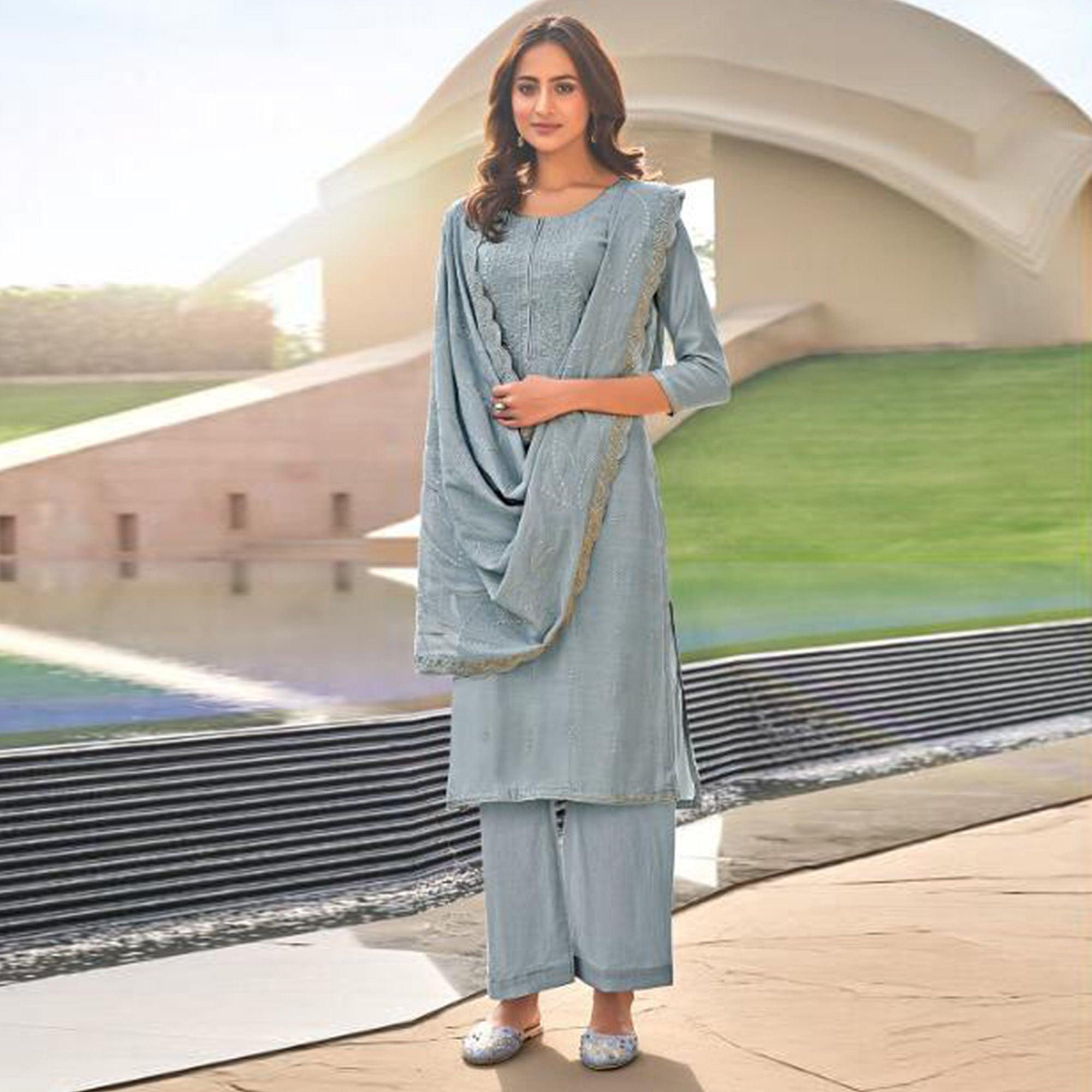 Grey Festive Wear Embroidered Muslin Palazzo Suit - Peachmode