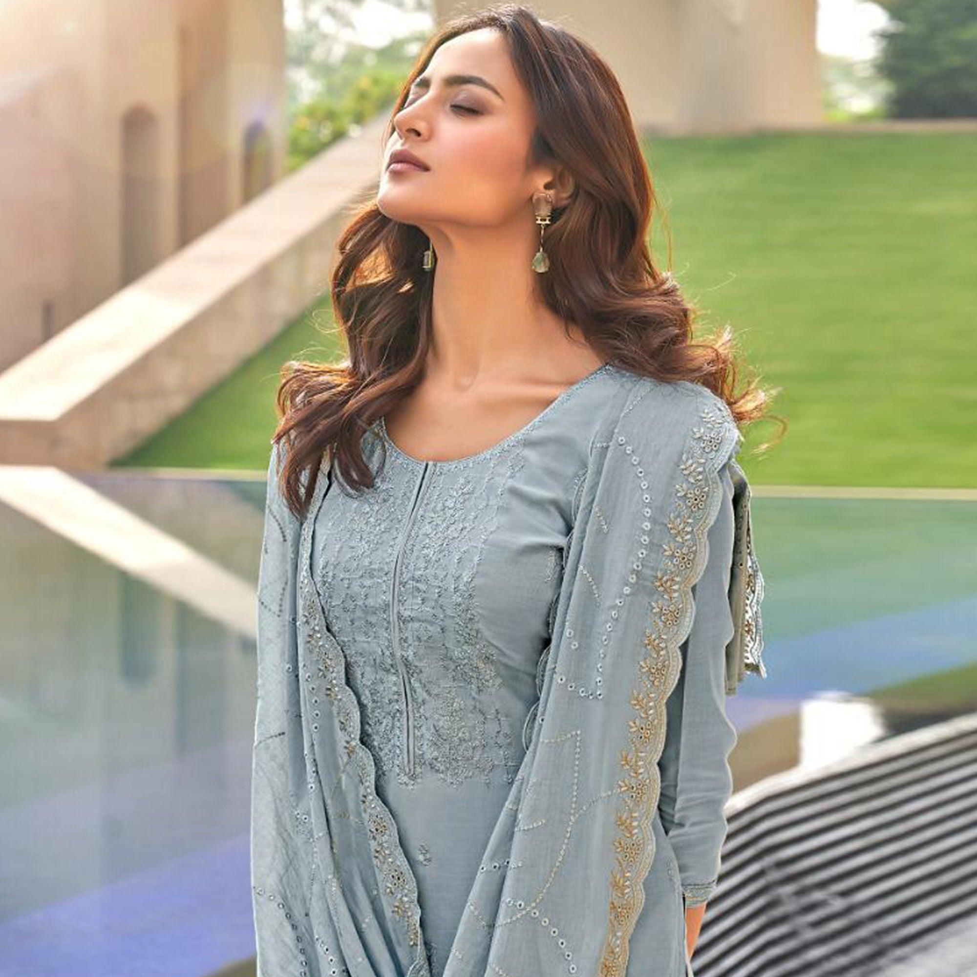Grey Festive Wear Embroidered Muslin Palazzo Suit - Peachmode
