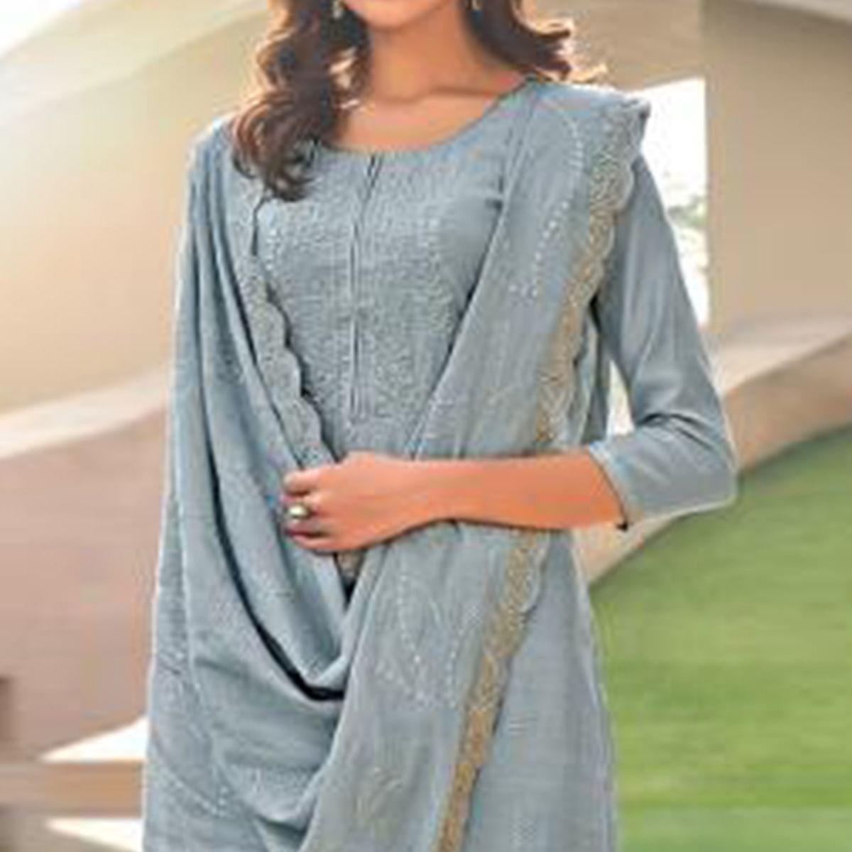 Grey Festive Wear Embroidered Muslin Palazzo Suit - Peachmode