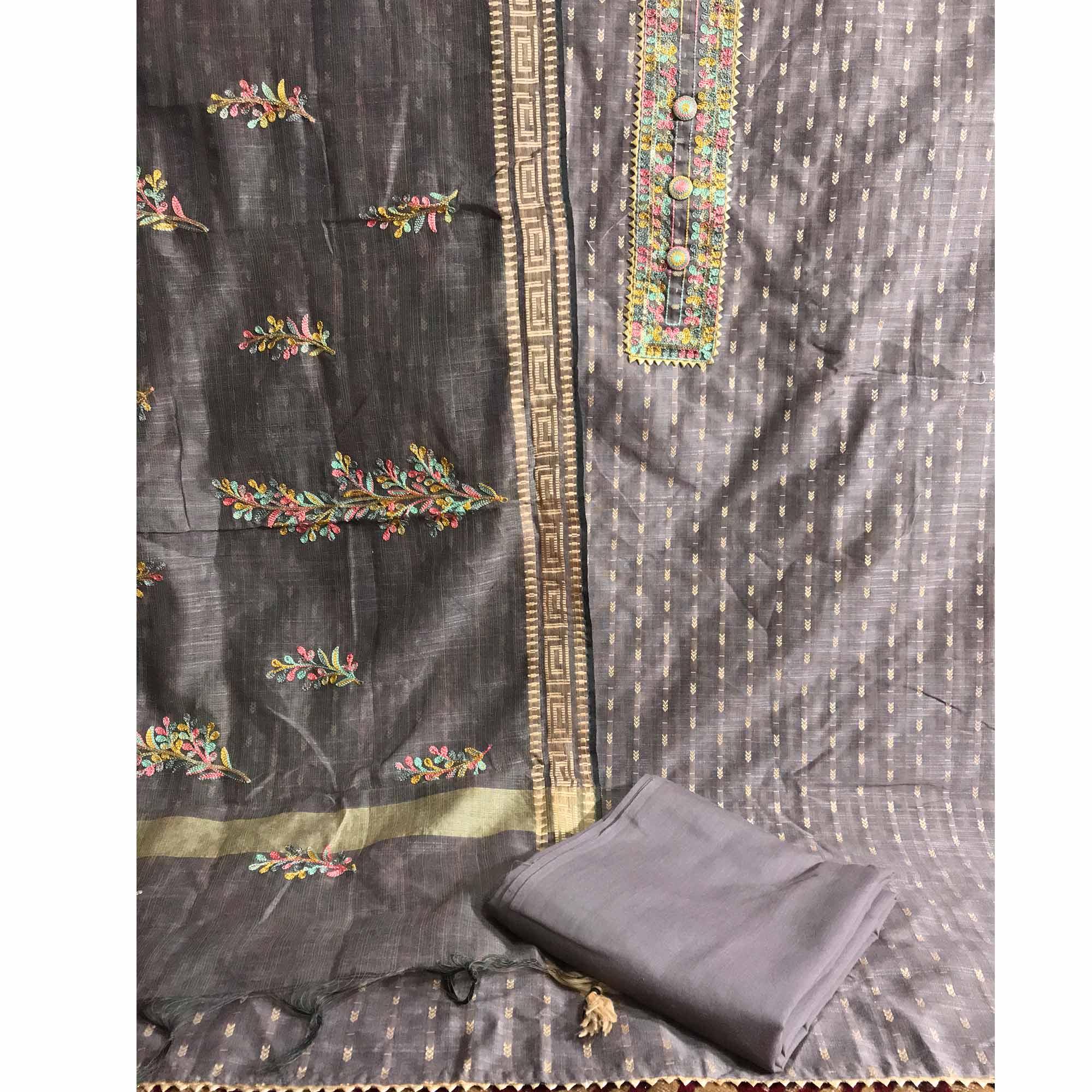 Grey Festive Wear Embroidered Silk Cotton Dress Material - Peachmode