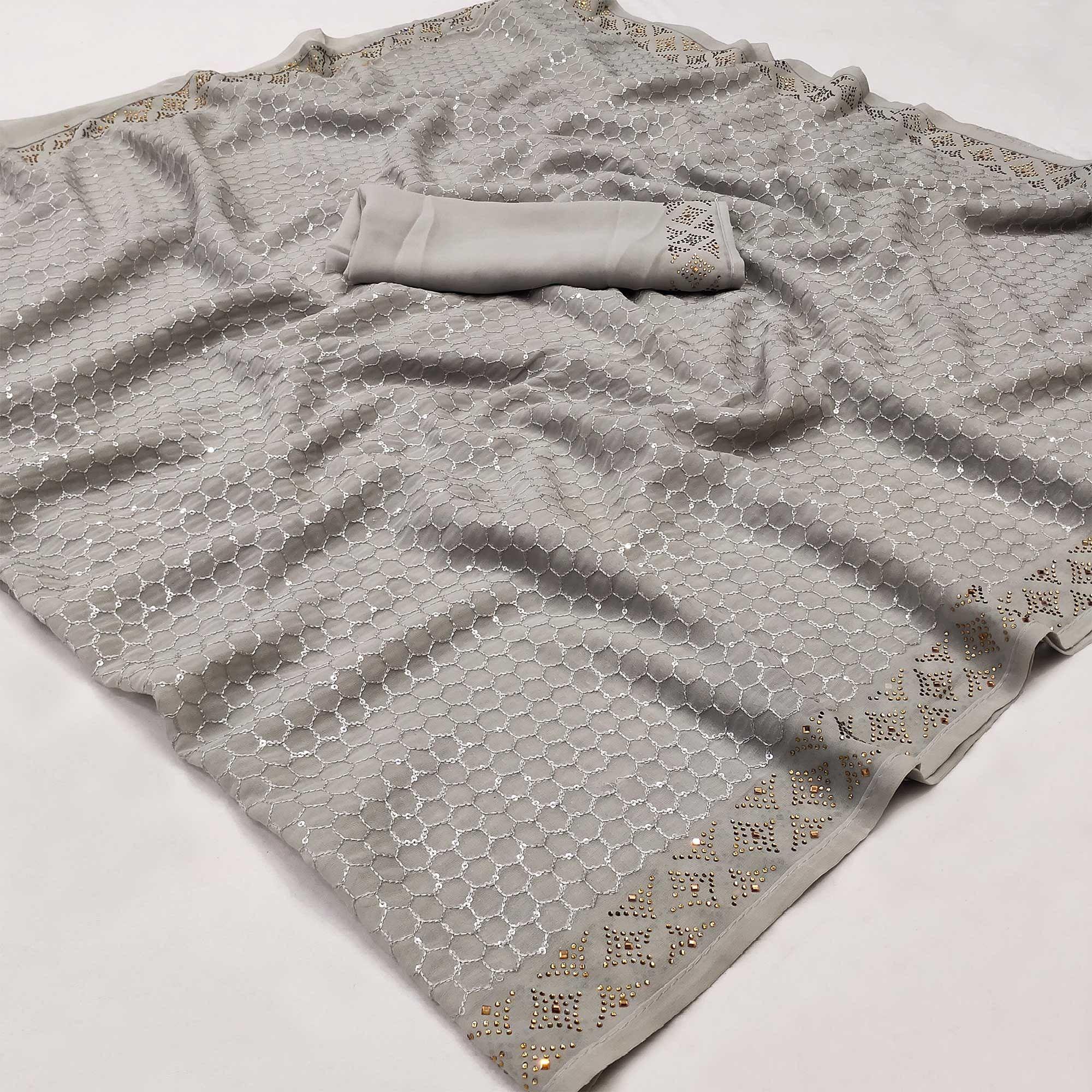 Grey Festive Wear Embroidery With Embellished Georgette Saree - Peachmode