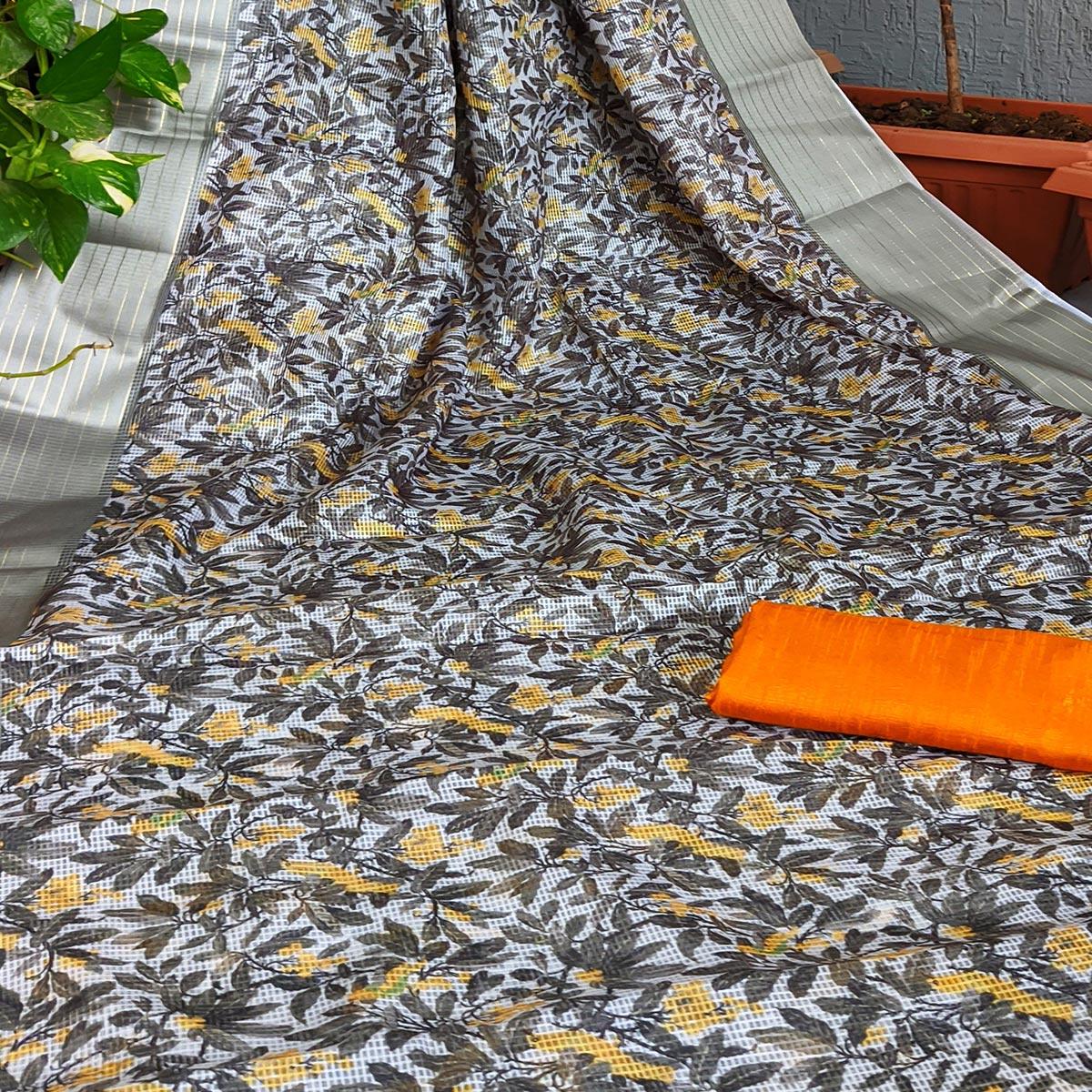 Grey Festive Wear Floral Digital Print With Woven Border Silk Saree - Peachmode
