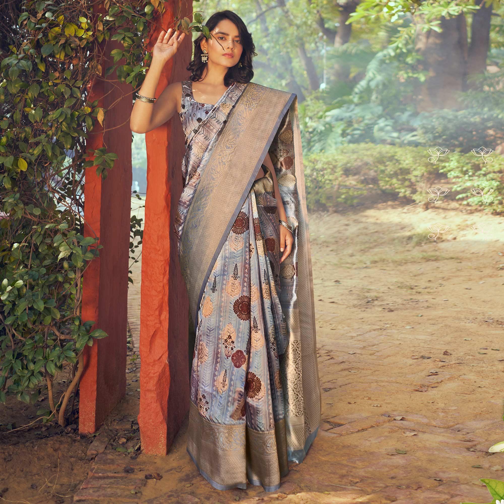 Grey Festive Wear Floral Digital Printed Woven Silk Saree - Peachmode
