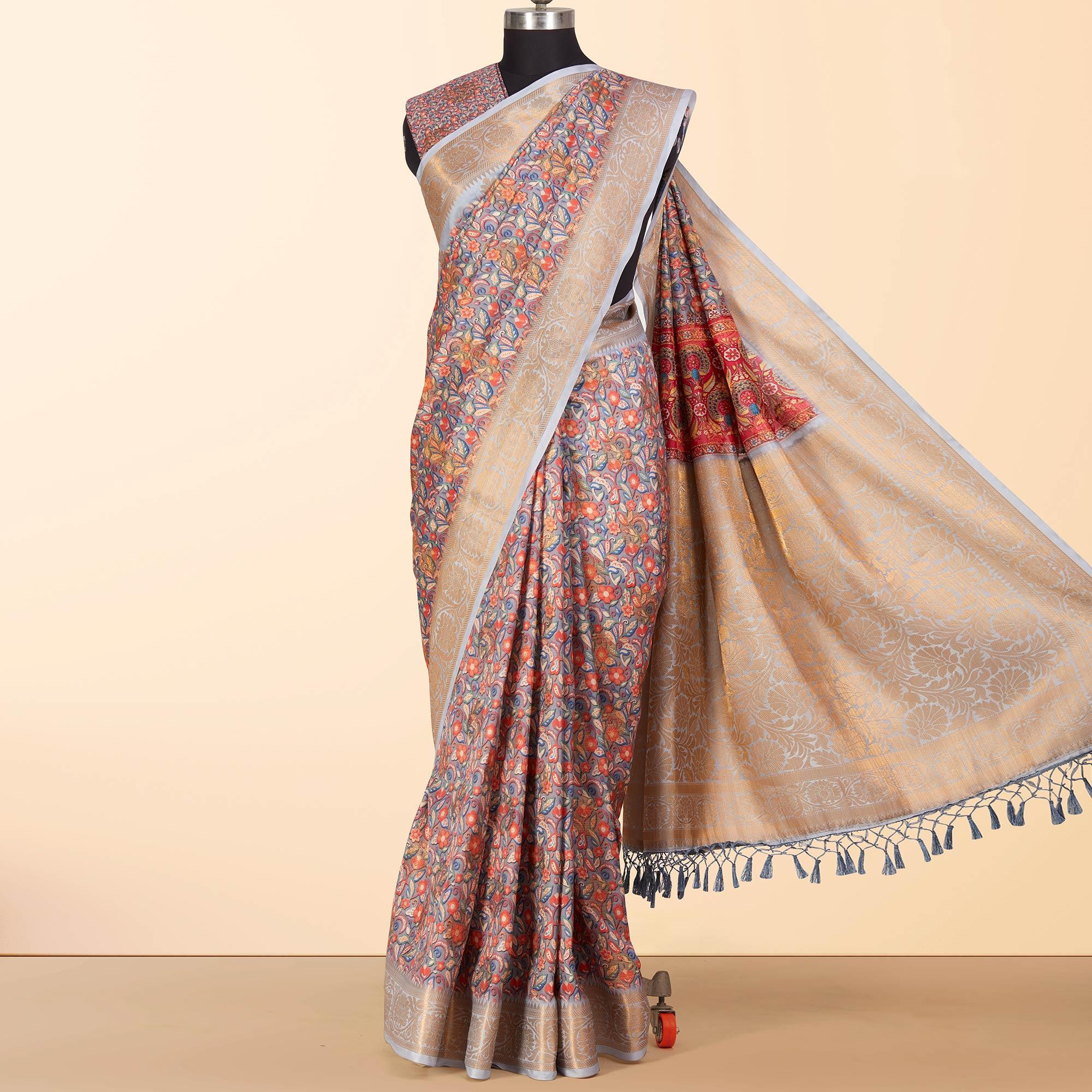 Grey Festive Wear Floral Digital Printed Woven Silk Saree - Peachmode