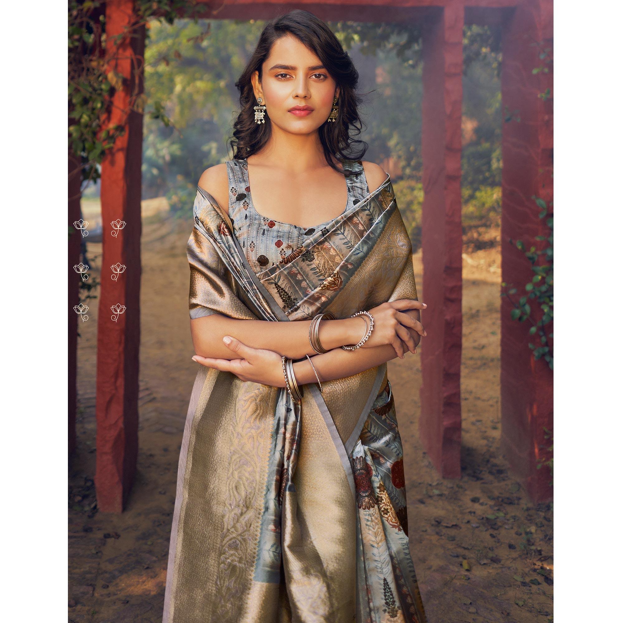 Grey Festive Wear Floral Digital Printed Woven Silk Saree - Peachmode
