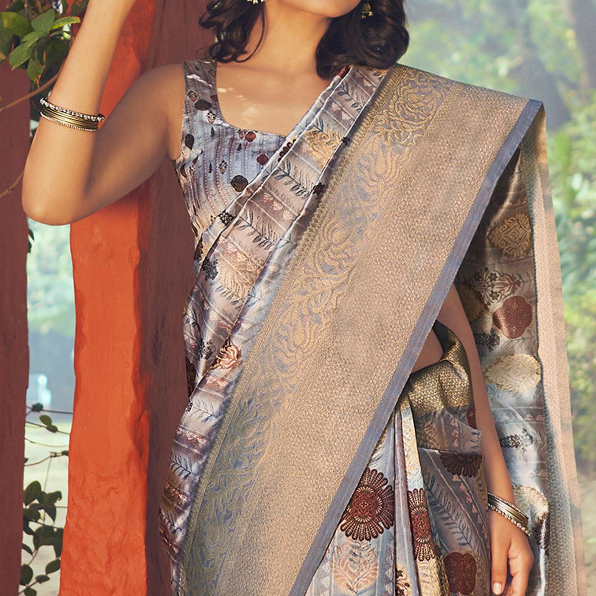 Grey Festive Wear Floral Digital Printed Woven Silk Saree - Peachmode