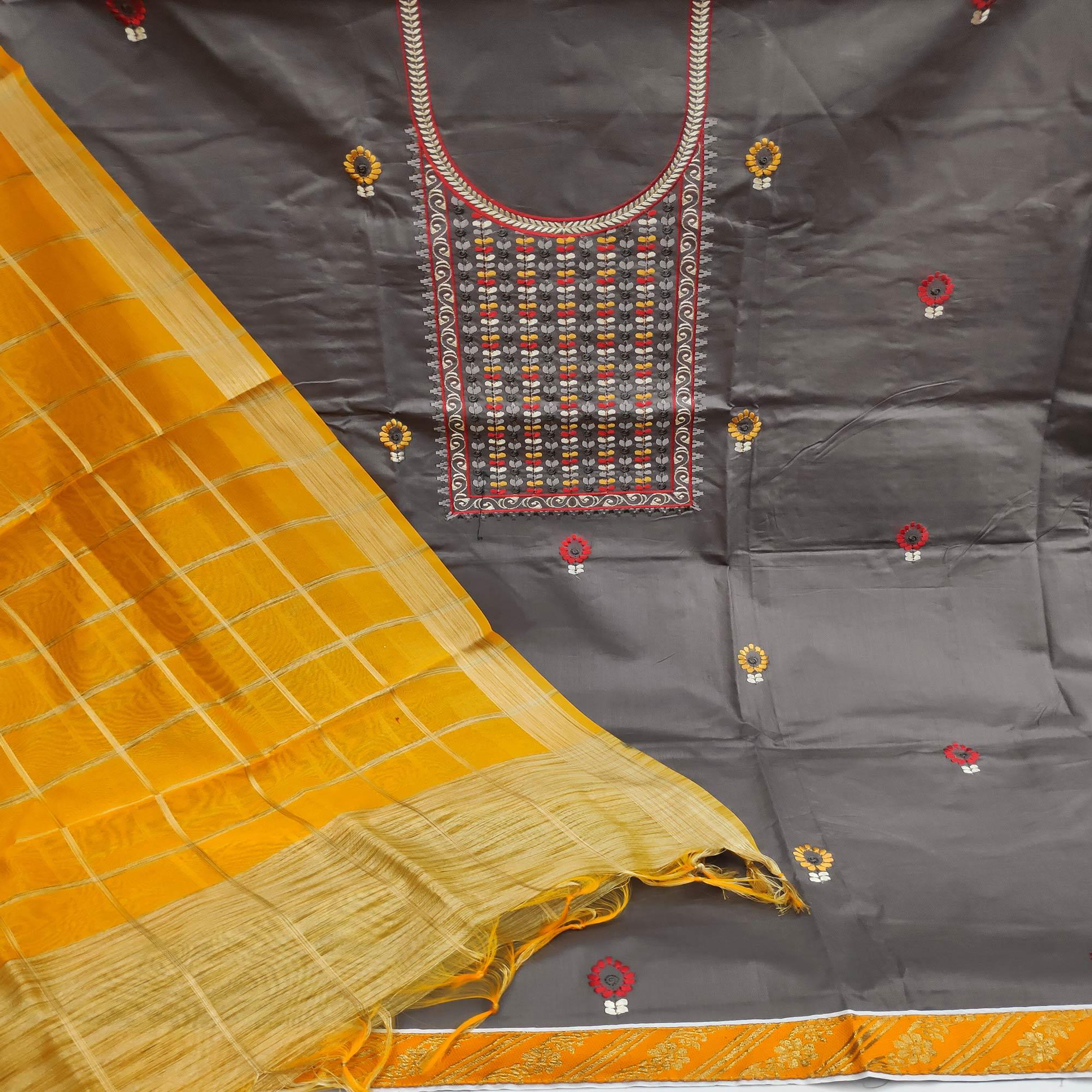 Grey Festive Wear Floral Embroidered Cotton Dress Material - Peachmode