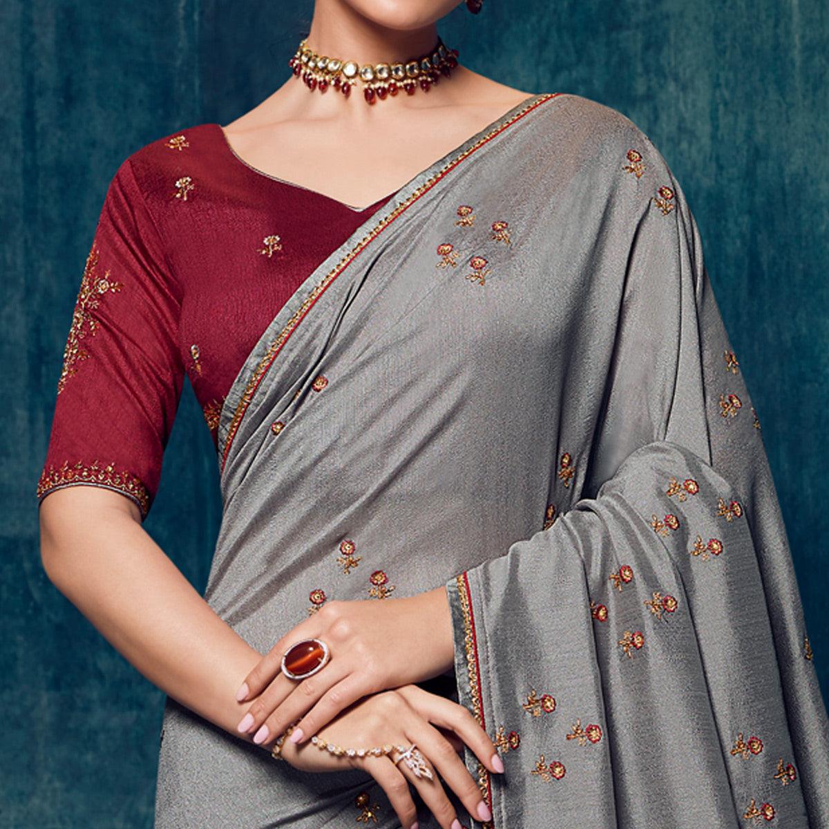 Grey Festive Wear Floral Embroidered Silk Saree - Peachmode