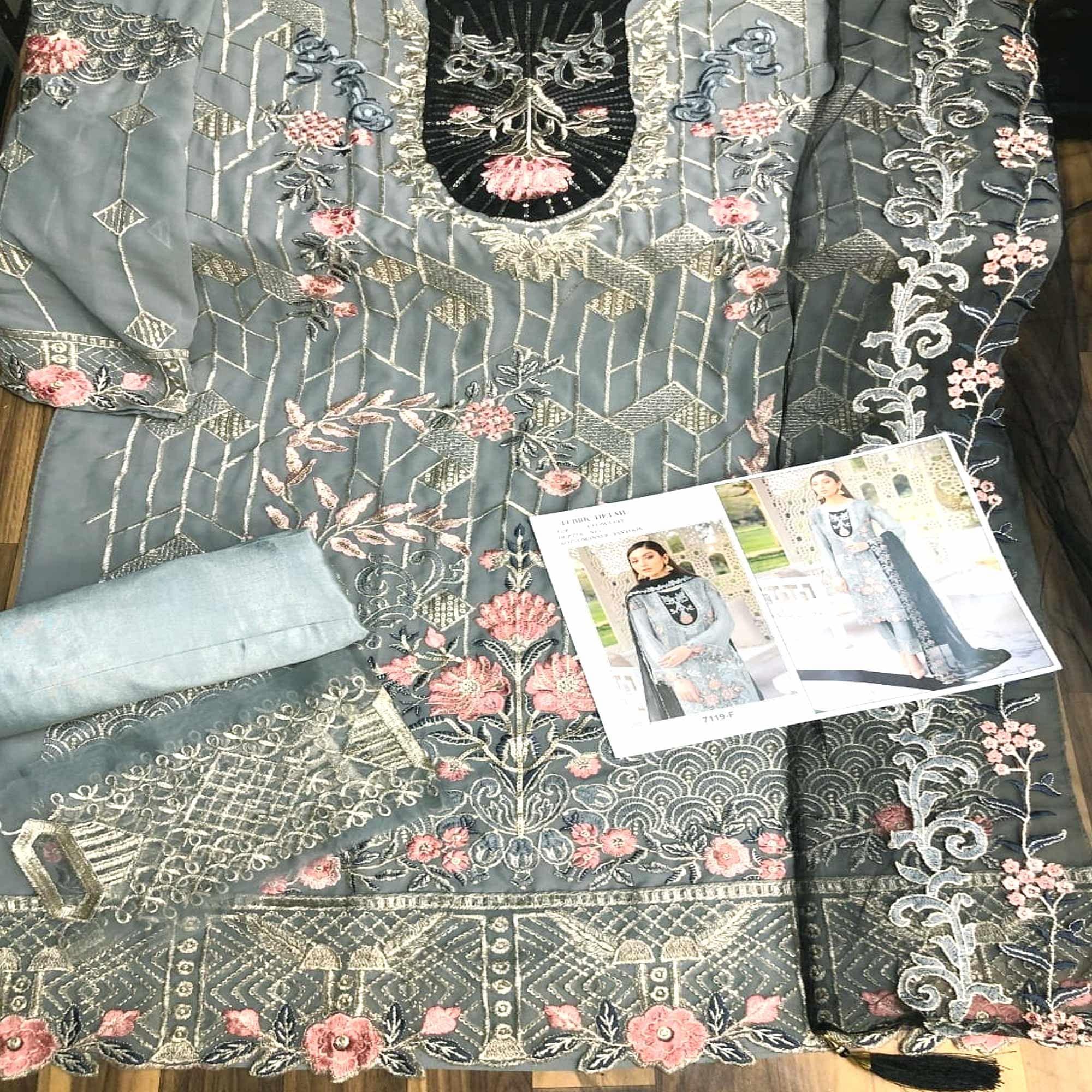 Grey Festive Wear Floral Embroidered Straight Style Faux Georgette Palazzo Suit - Peachmode