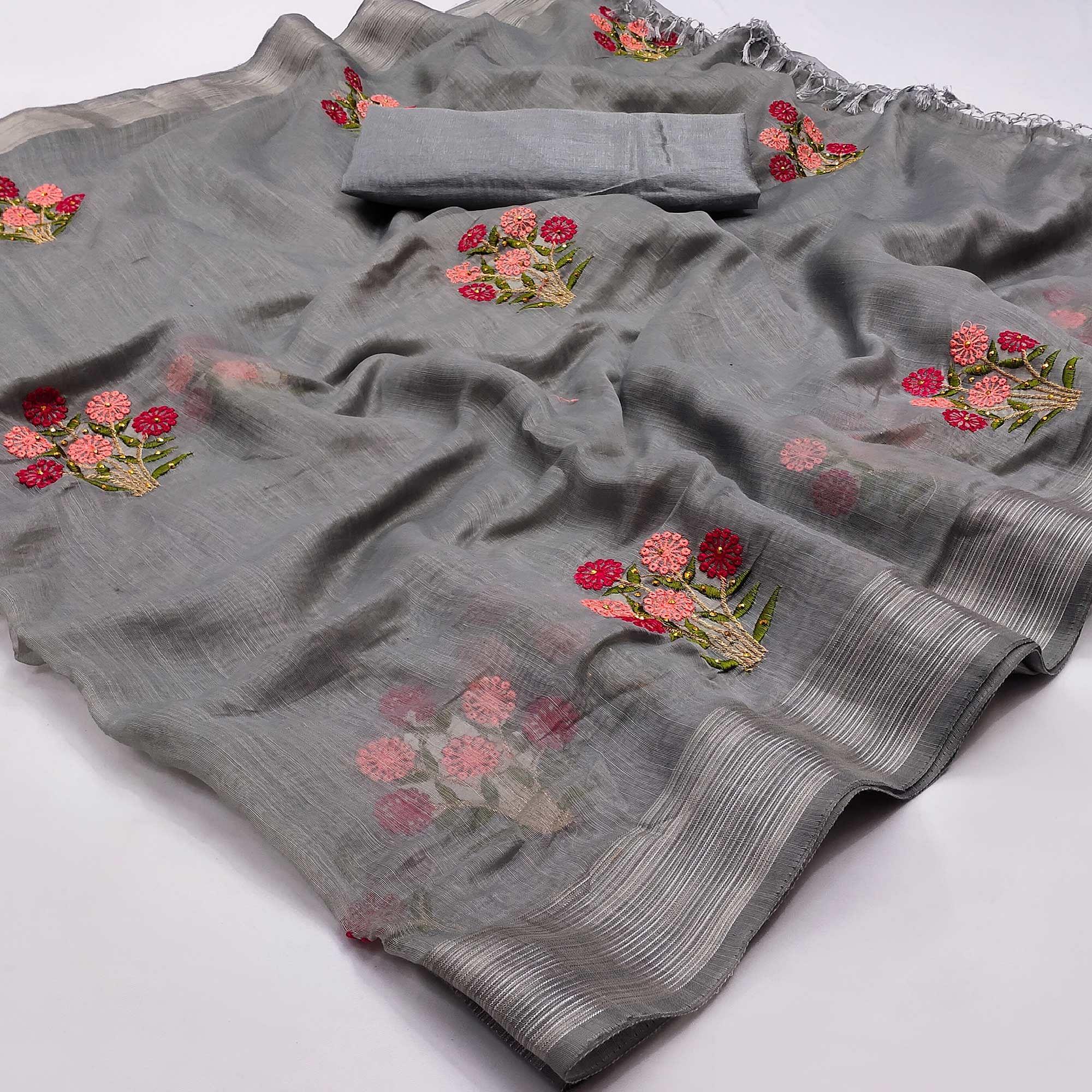 Grey Festive Wear Floral Embroidered With Embellished Cotton Saree - Peachmode