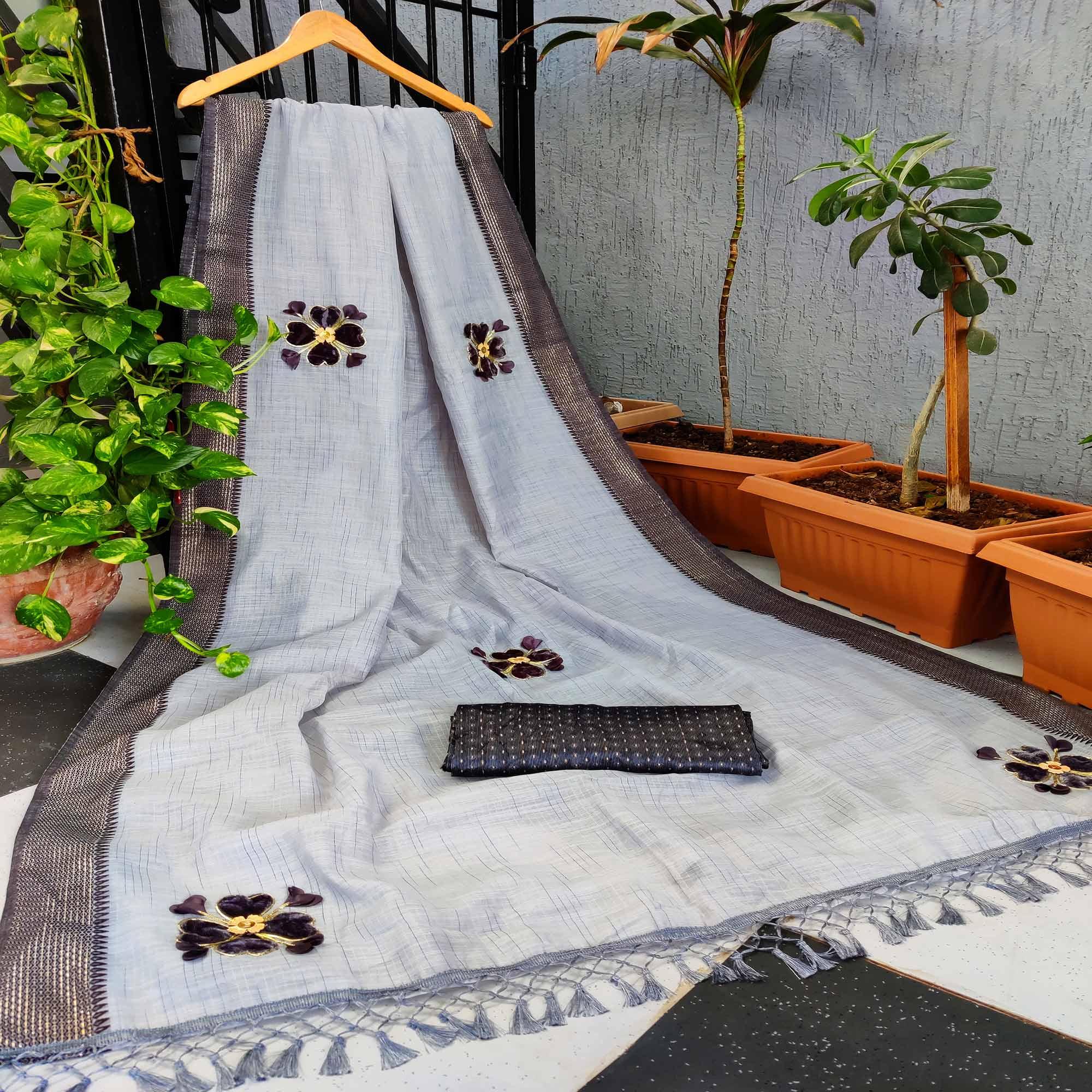 Grey Festive Wear Floral Embroiderey Woven Border Cotton Saree - Peachmode