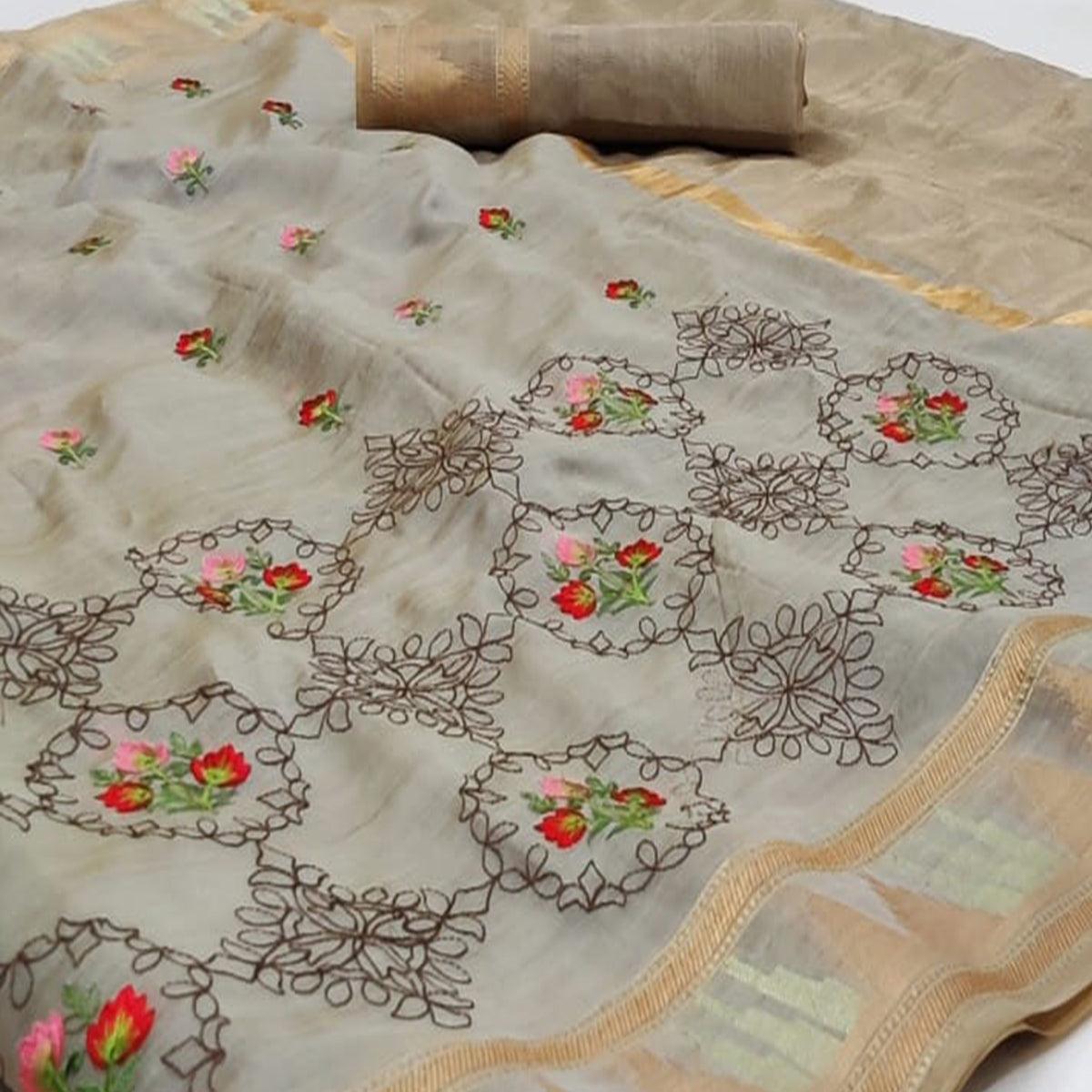 Grey Festive Wear Floral Embroidery With Woven Organza Saree - Peachmode
