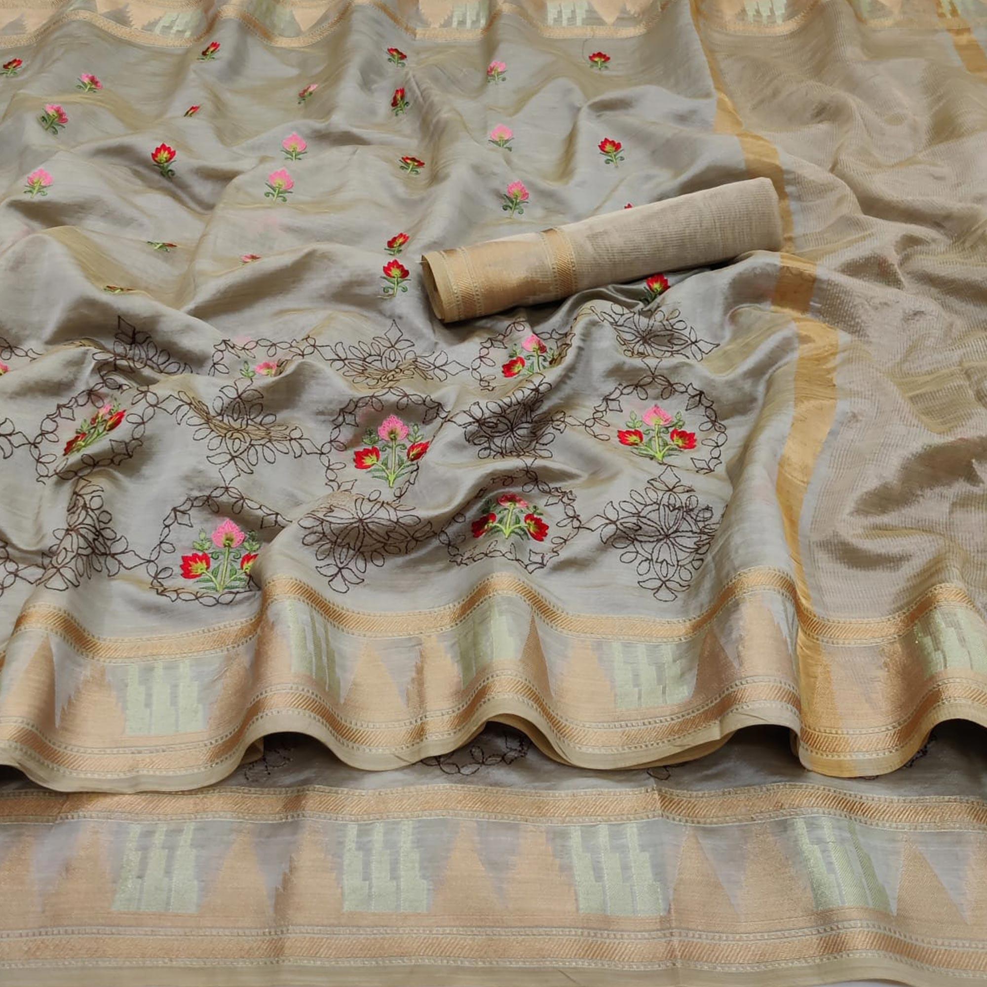 Grey Festive Wear Floral Embroidery With Woven Organza Saree - Peachmode