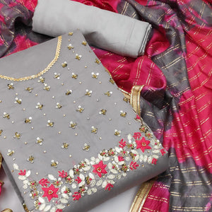 Grey Festive Wear Floral Handwork Modal Chanderi Dress Material - Peachmode