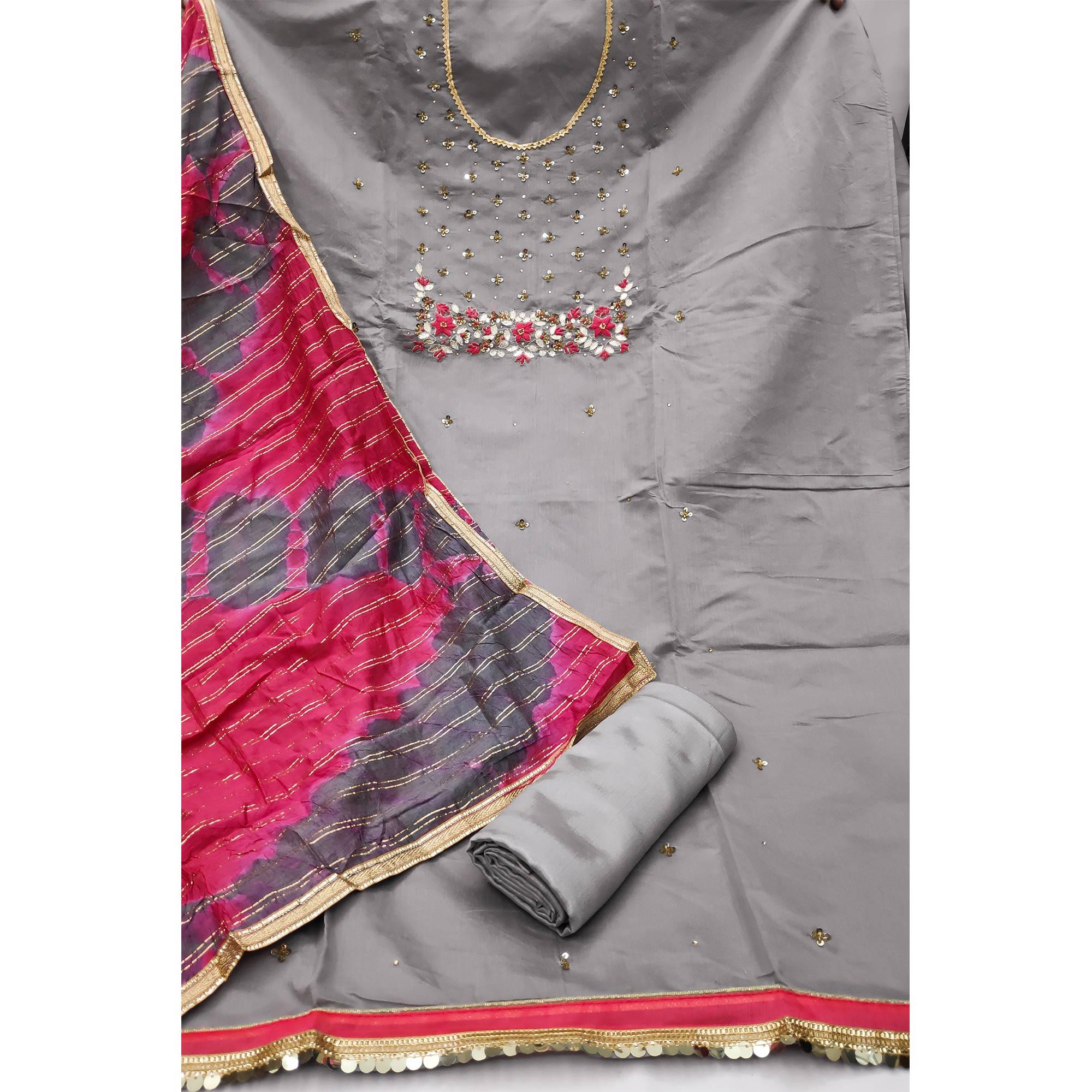Grey Festive Wear Floral Handwork Modal Chanderi Dress Material - Peachmode