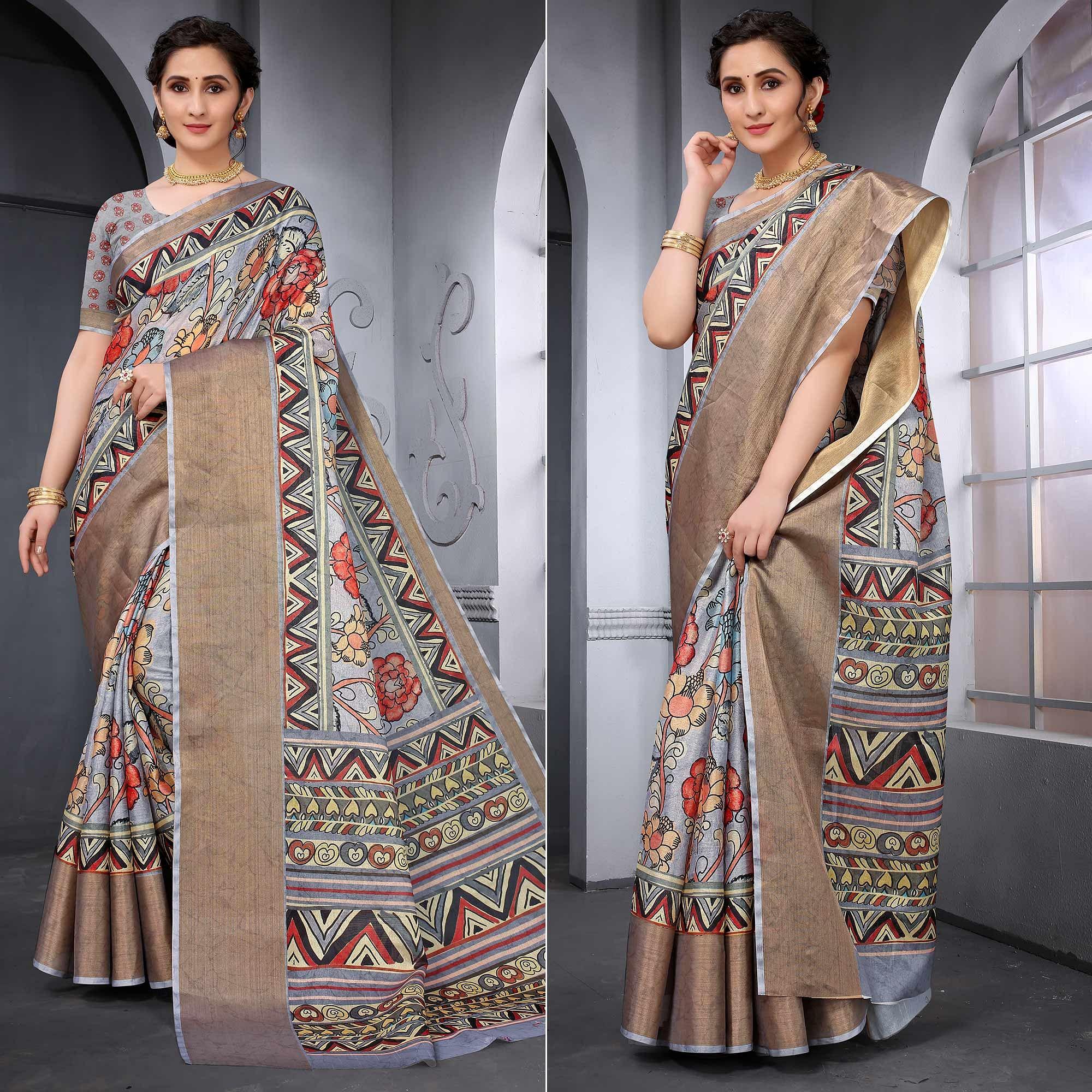 Grey Festive Wear Floral Printed Art Silk Saree - Peachmode