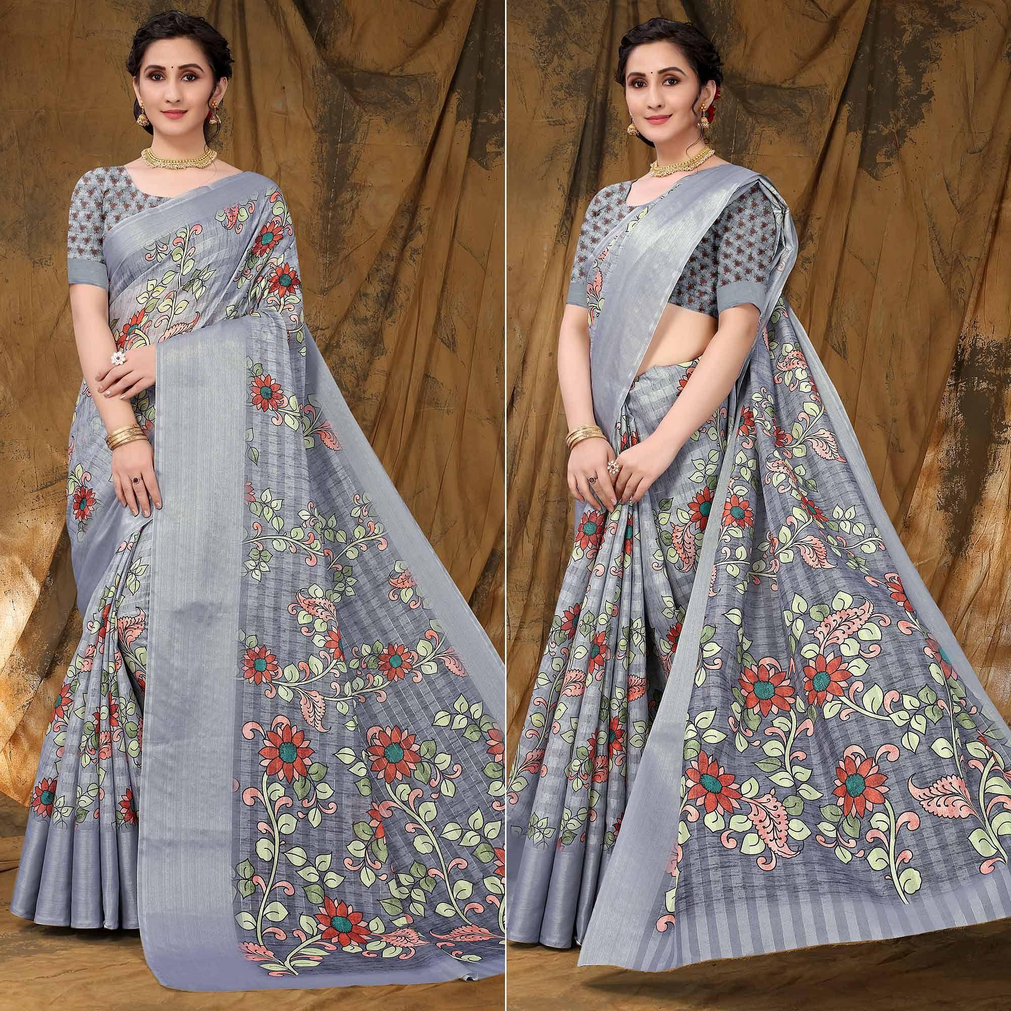 Grey Festive Wear Floral Printed Art Silk Saree - Peachmode
